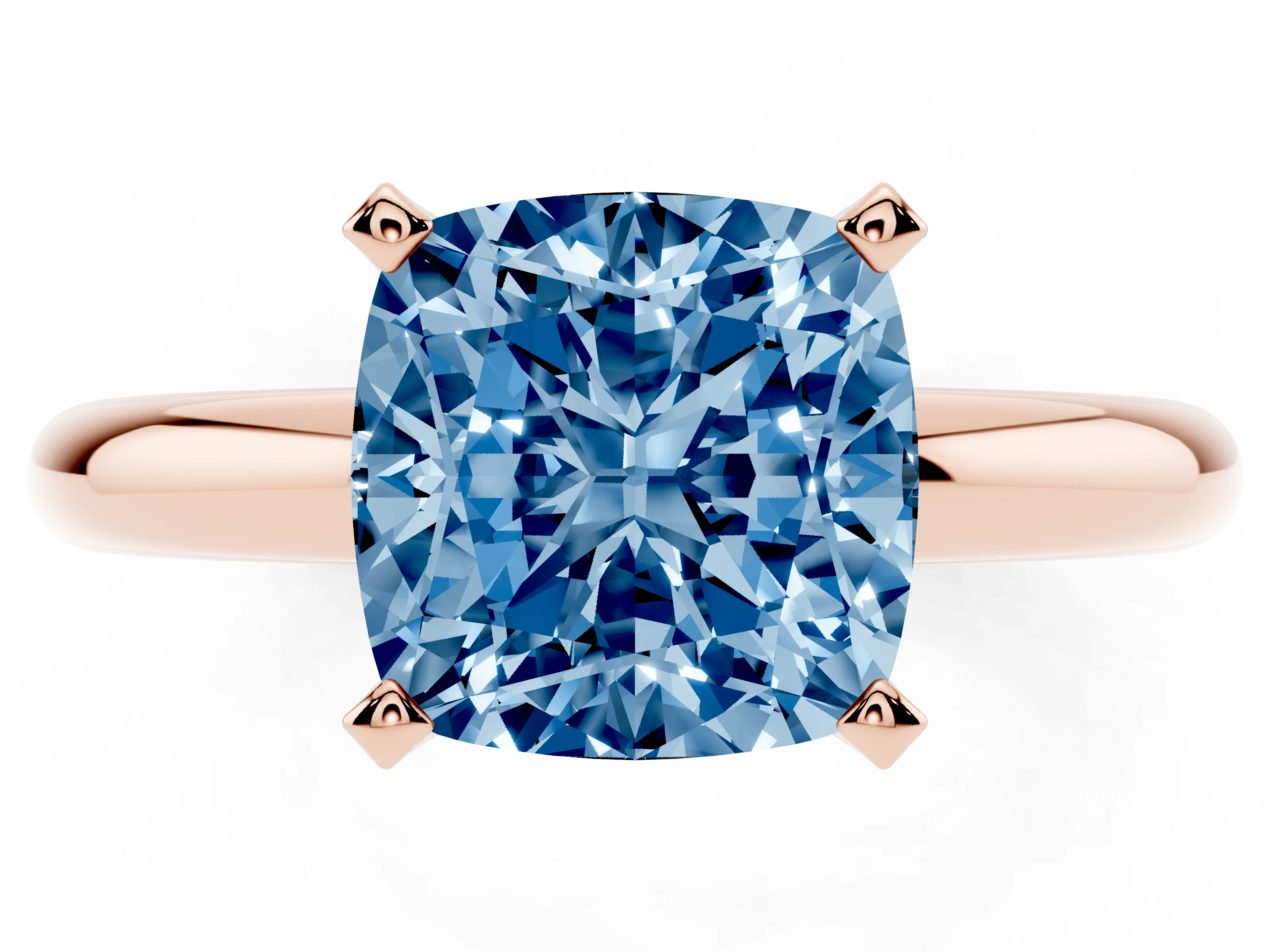 Fancy Blue Cushion Cut Diamond Solitaire Engagement Ring Set in Rose gold with Round Band and Prong Setting