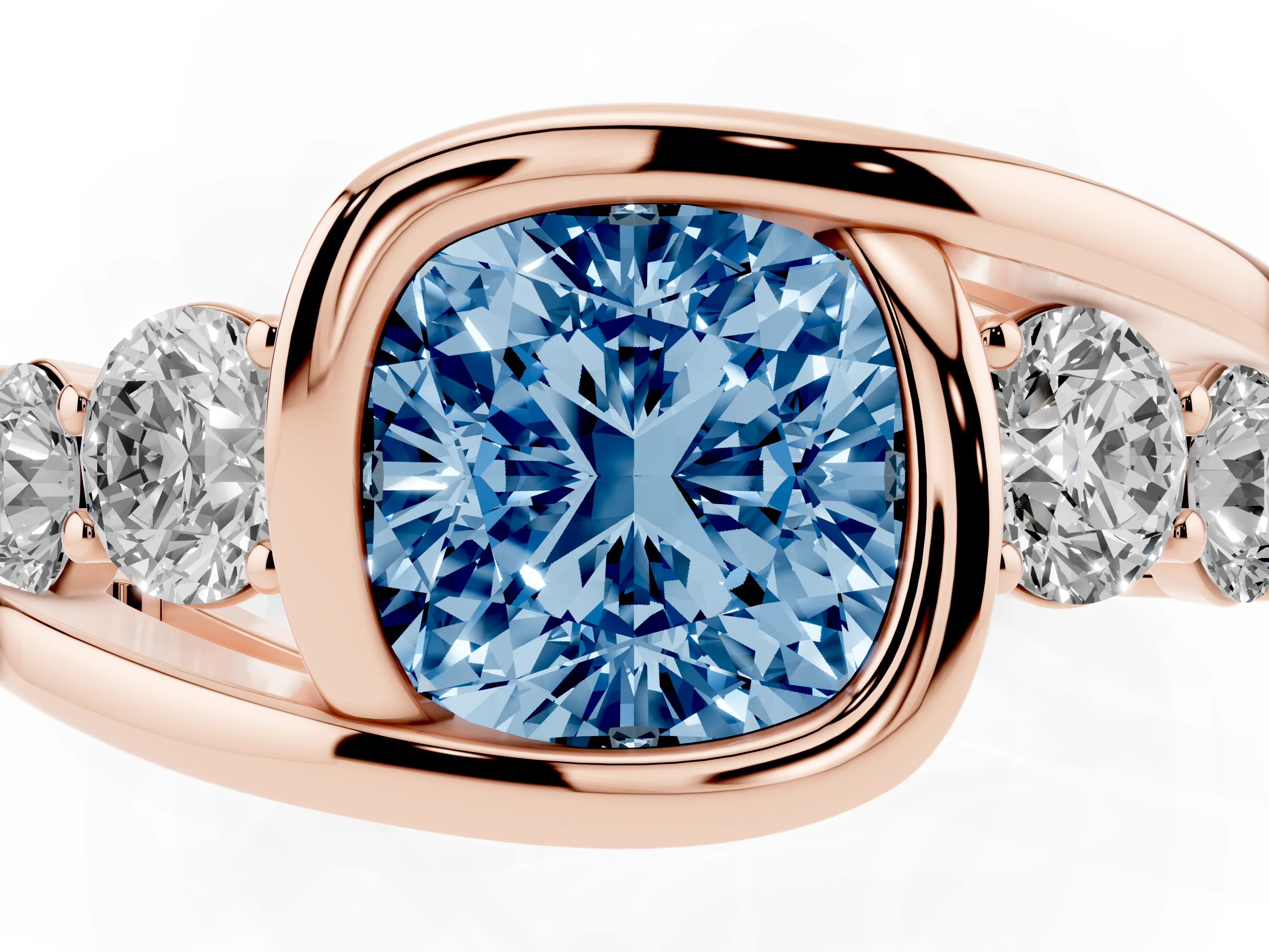Fancy Blue Cushion Cut Diamond Bezel Bypass Ring Set in Rose gold with Round Accents