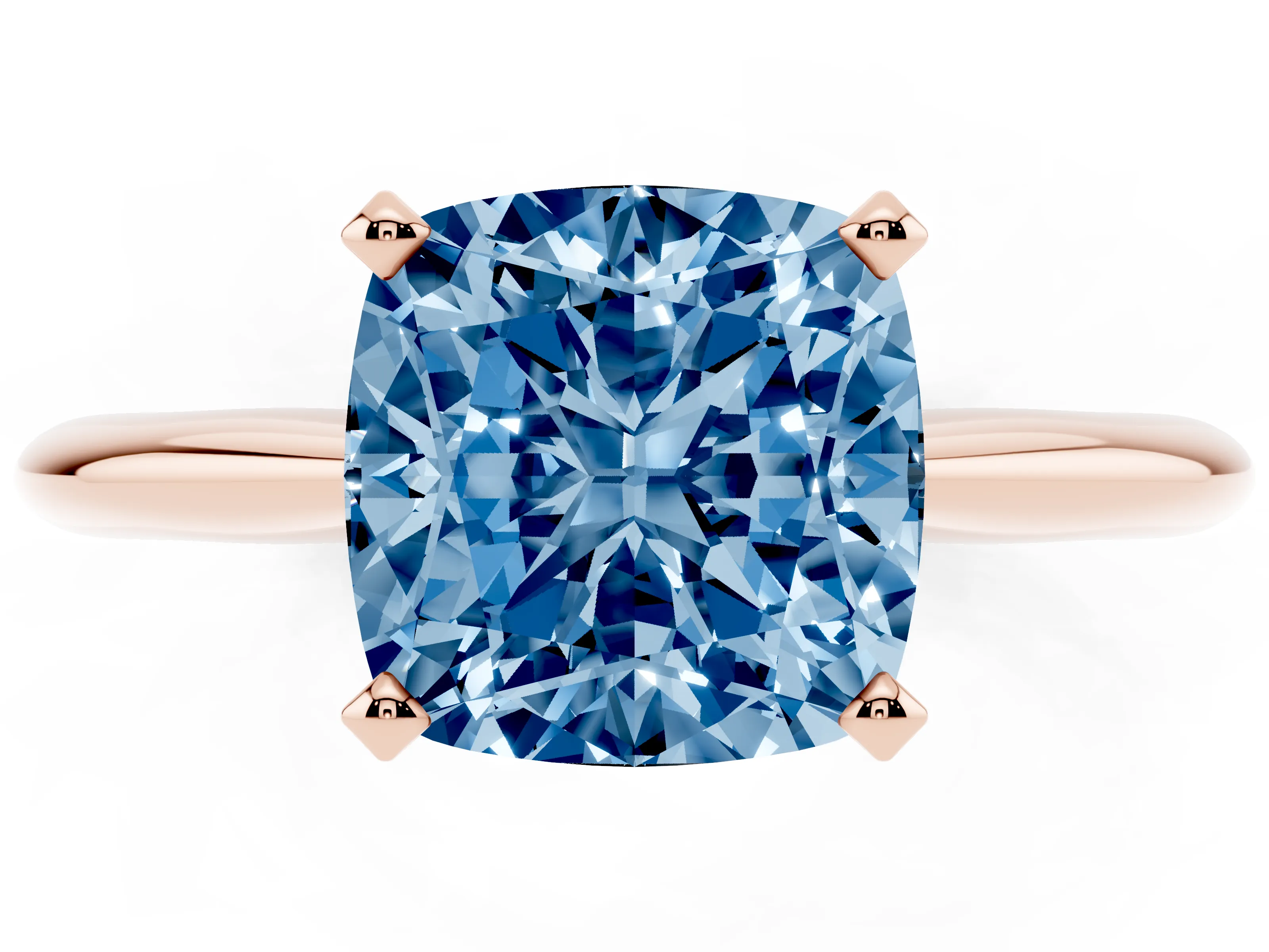 Fancy Blue Cushion Cut Diamond Solitaire Ring Set in Rose gold with Prong Setting on a Plain Round Band
