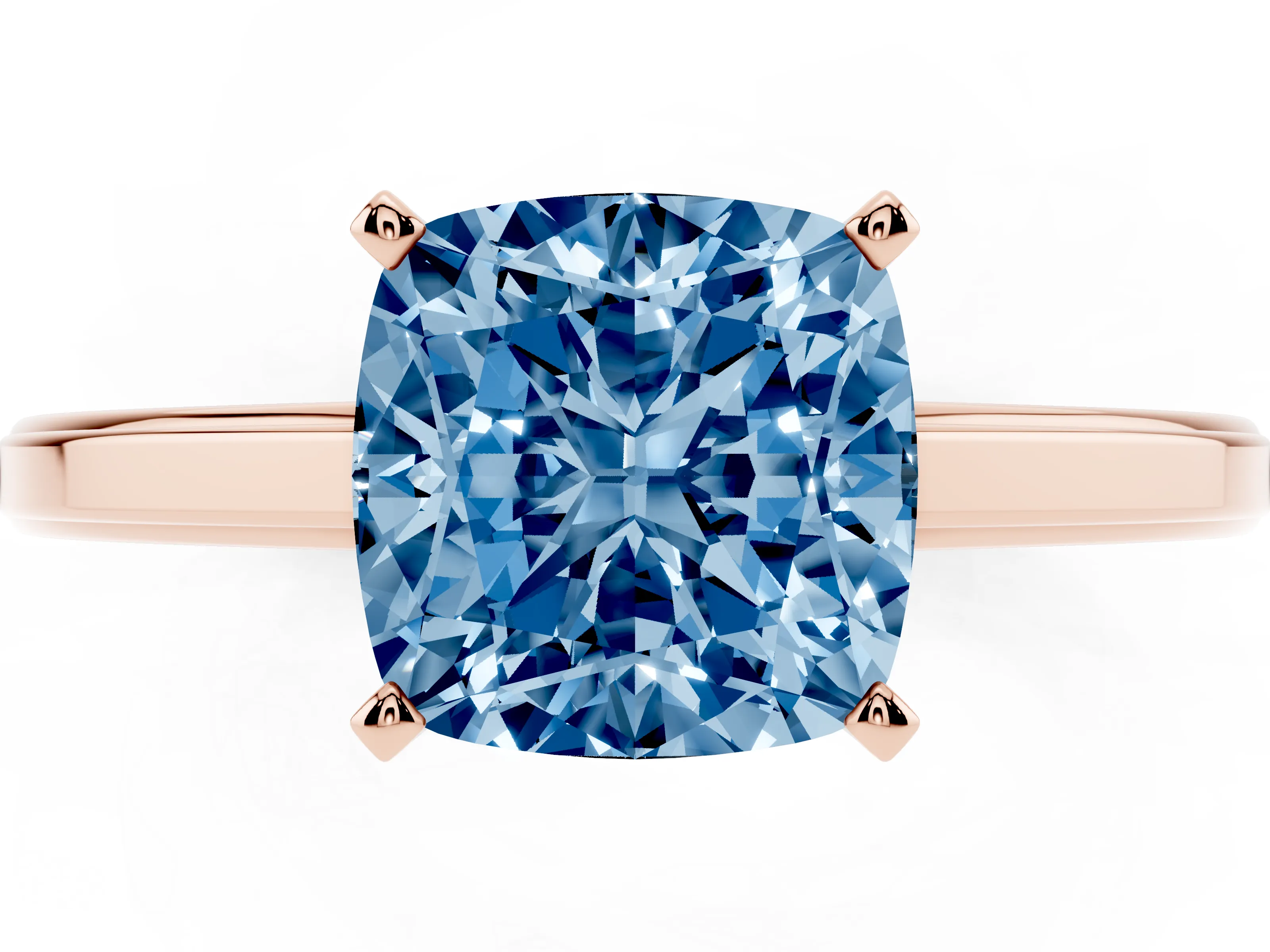 Fancy Blue Cushion Cut Diamond Solitaire Ring Set in Rose gold with Prong Setting and Classic Band