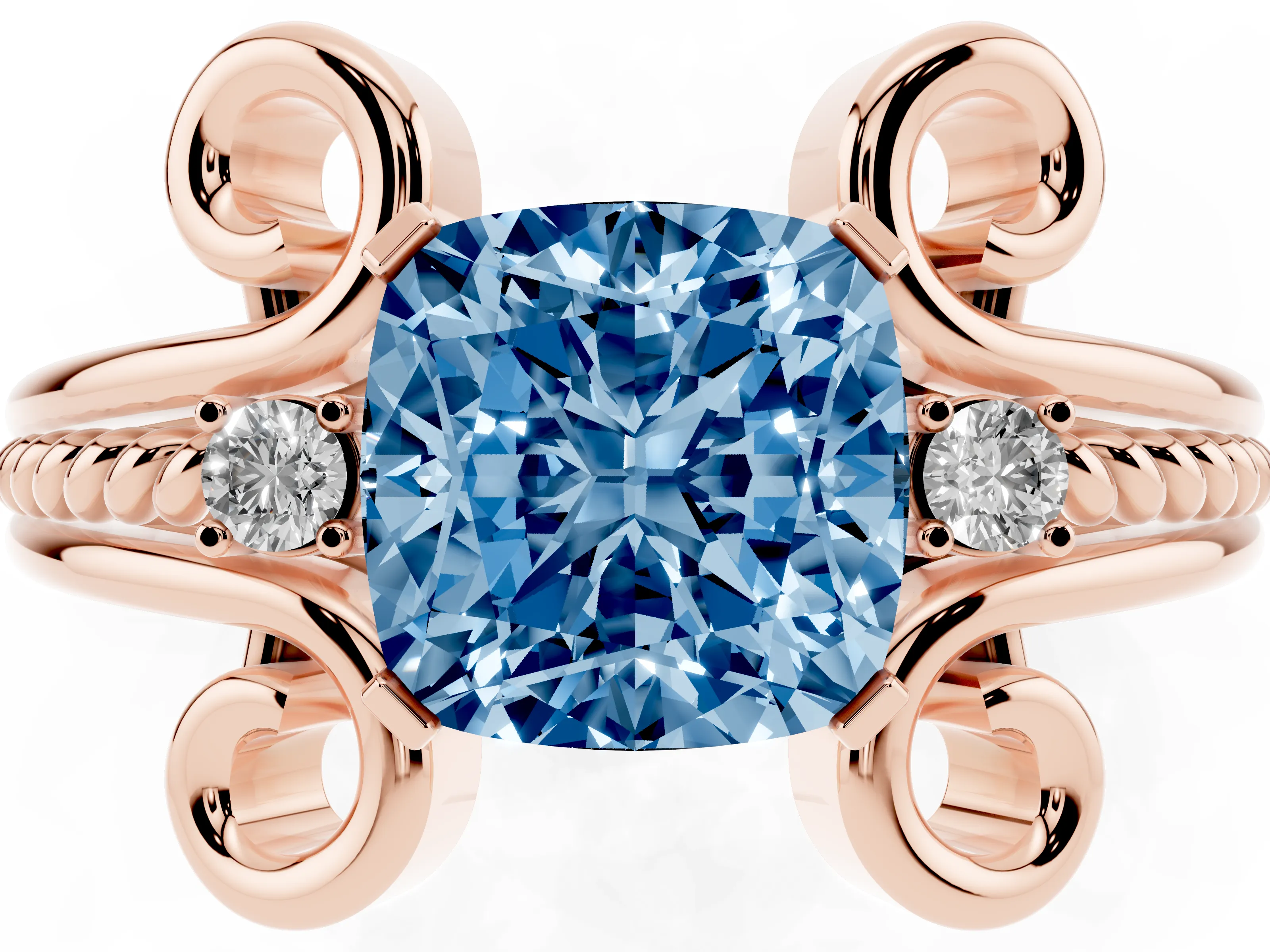 Fancy Blue Cushion Cut Diamond Twisted Band Solitaire Ring Set in Rose gold with Scroll Prongs