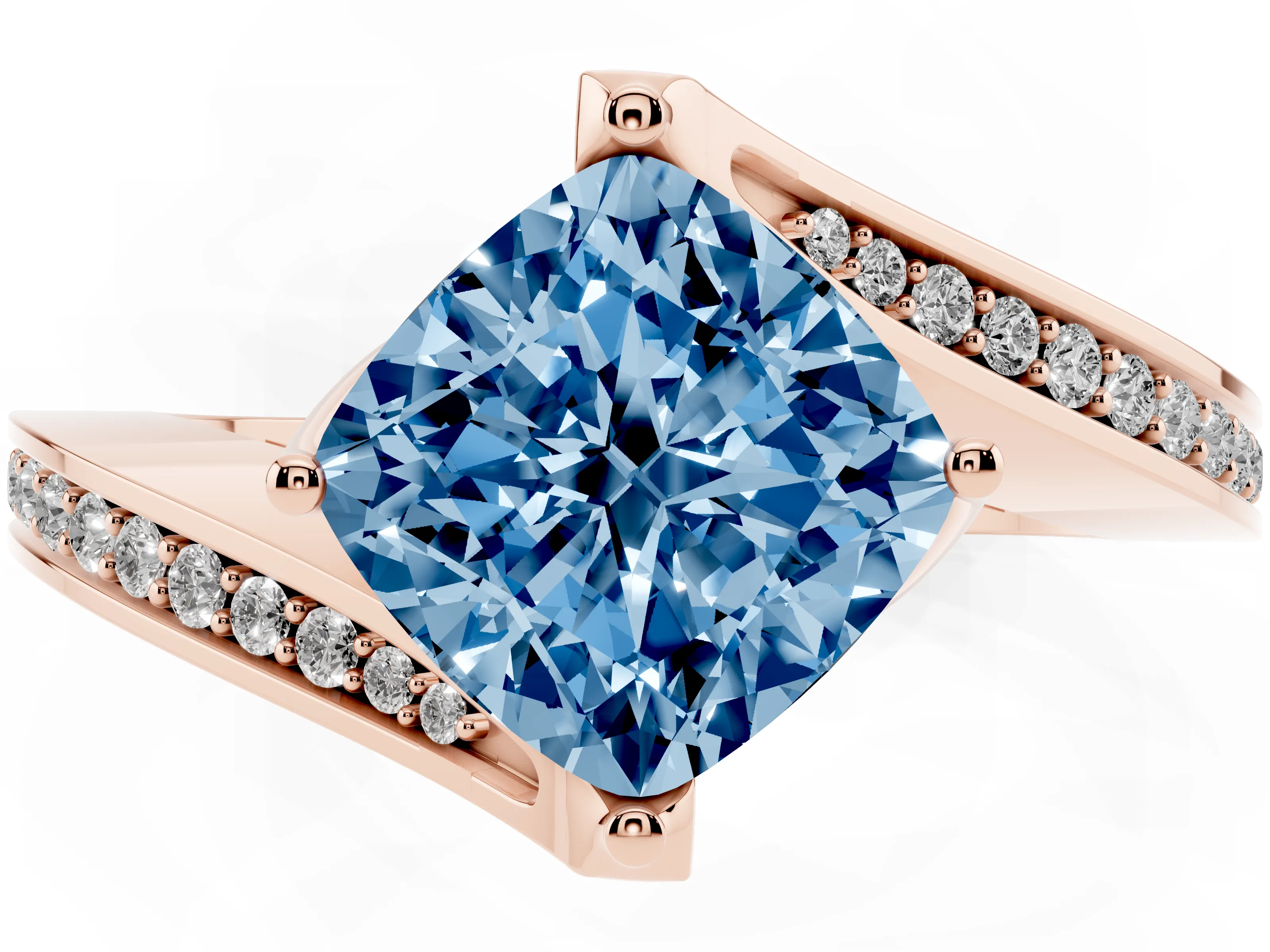 Fancy Blue Cushion Cut Diamond Solitaire Ring Set in Rose gold with Intertwined Pavé Twist Band