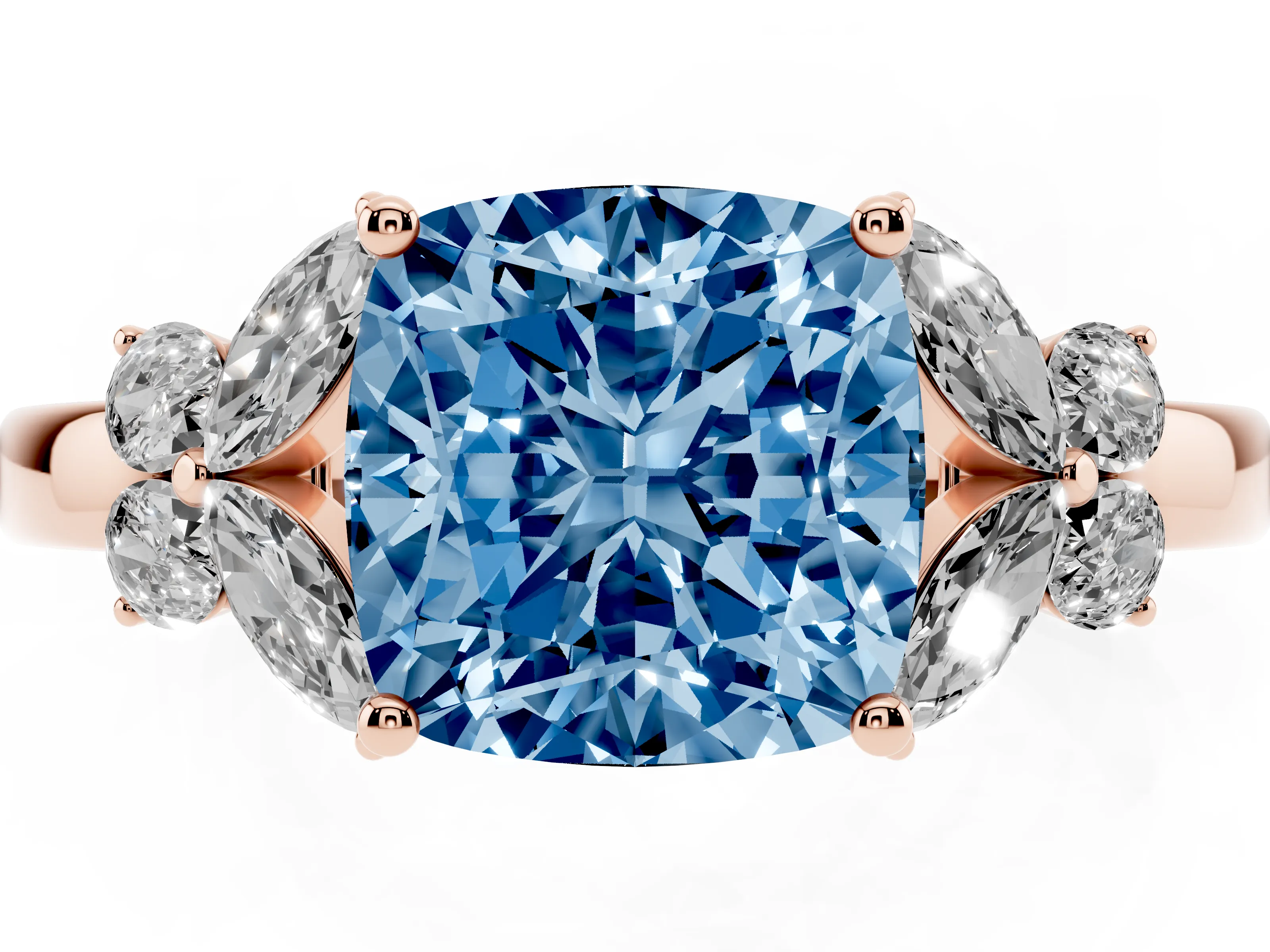 Fancy Blue Cushion Cut Diamond Solitaire Floral Ring Set in Rose gold with Marquise Petals and Prong Setting