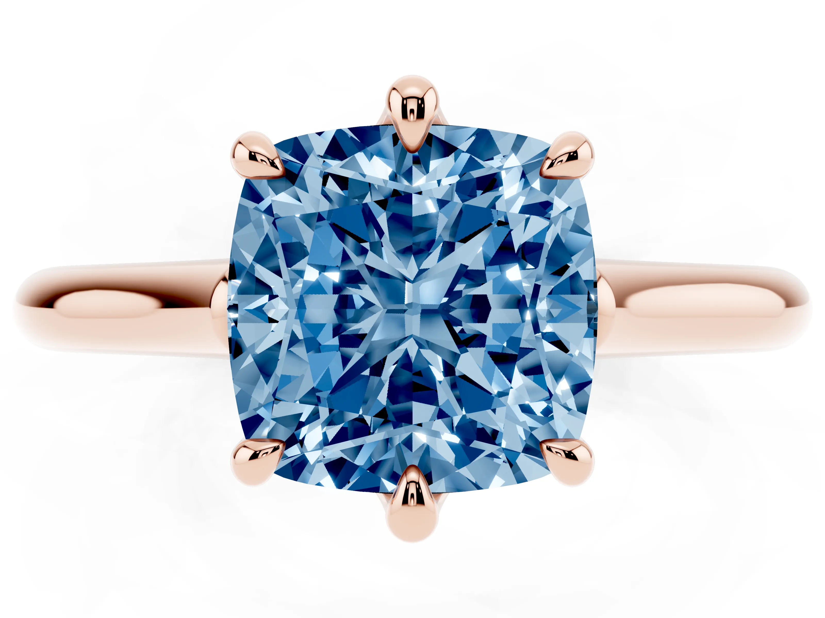 Fancy Blue Cushion Cut Diamond Solitaire Engagement Ring Set in Rose gold with Prong Setting and Plain Classic Band