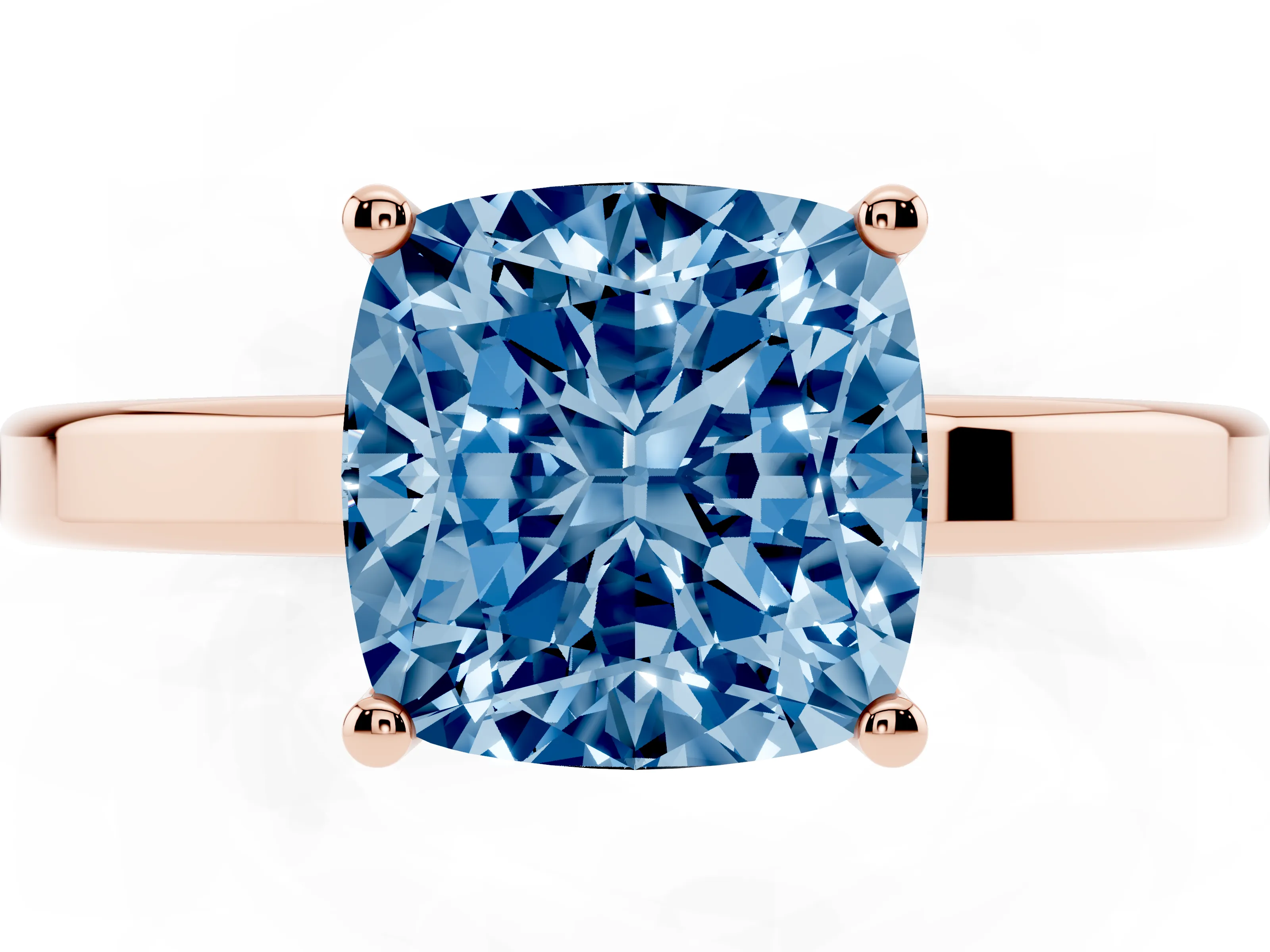 Fancy Blue Cushion Cut Diamond Solitaire Engagement Ring Set in Rose gold with Prong Setting on a Plain Band