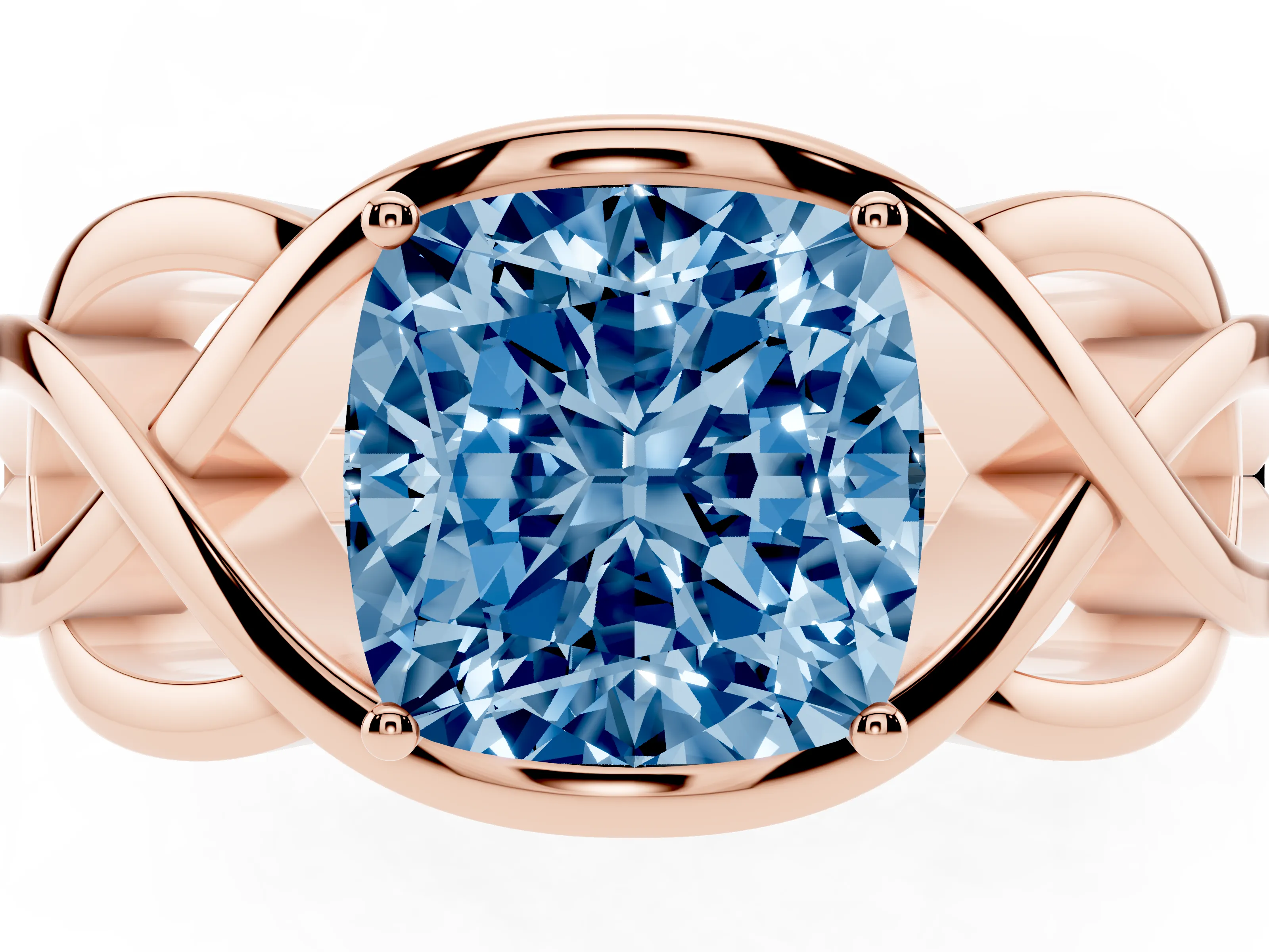 Fancy Blue Cushion Cut Diamond Solitaire Ring Set in Rose gold with Intertwined Band