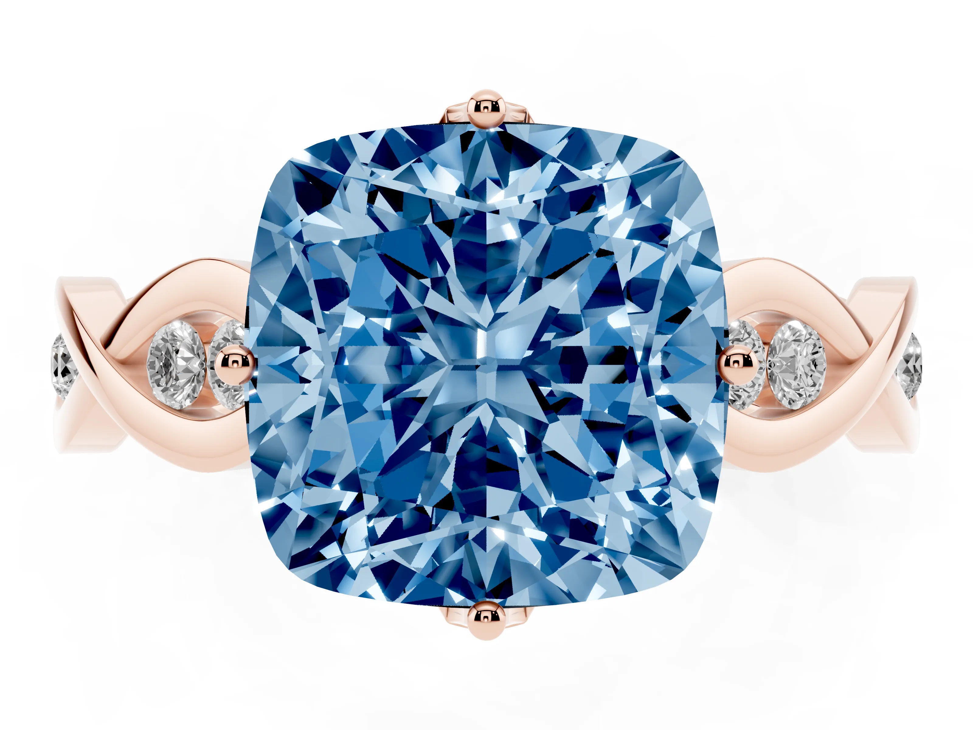 Fancy Blue Cushion Cut Diamond Twist Band Solitaire Ring Set in Rose gold with Leaf Prong Setting and Accent Stones