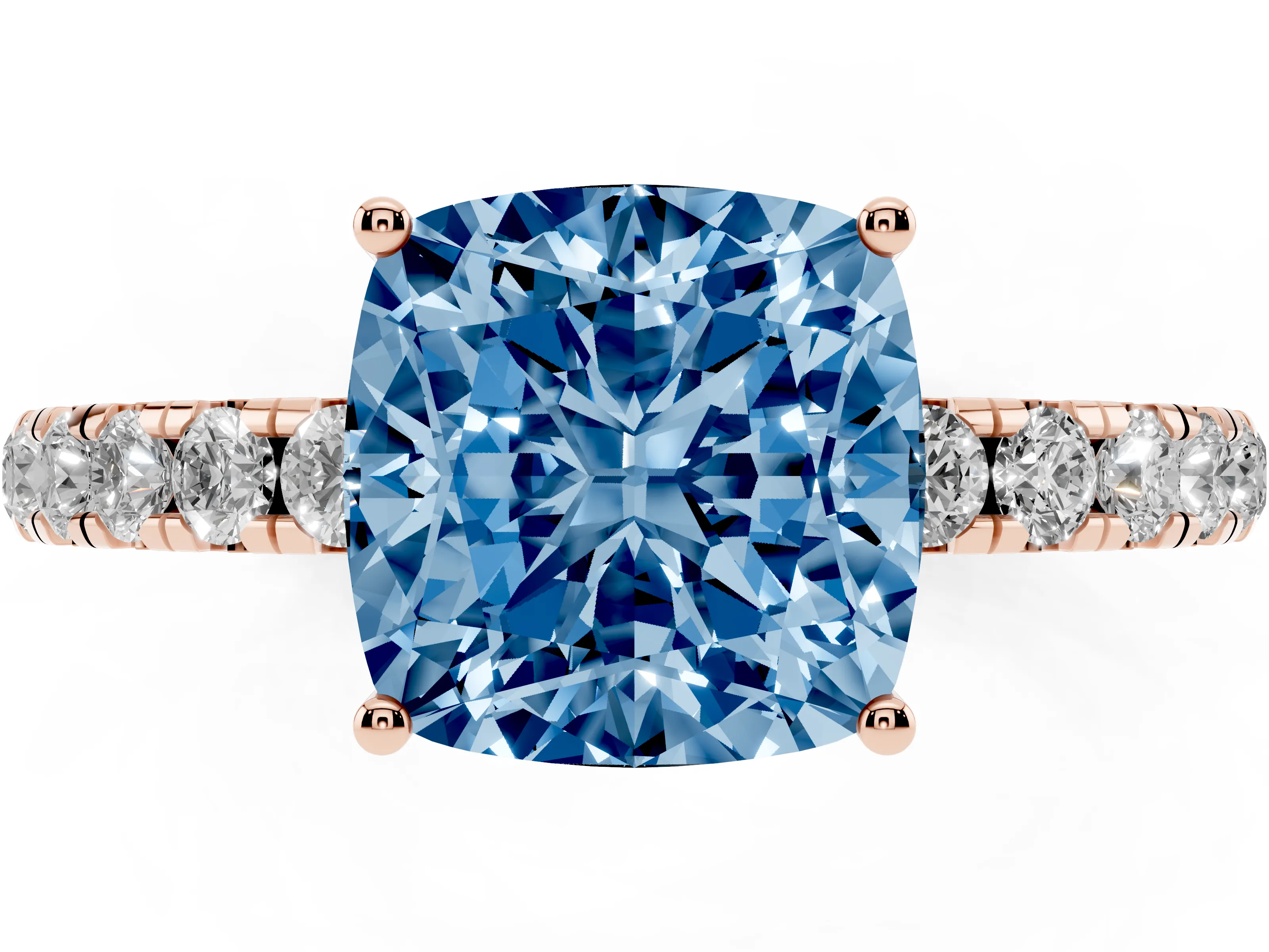 Fancy Blue Cushion Cut Diamond Pavé Solitaire Engagement Ring Set in Rose gold with Prong Setting