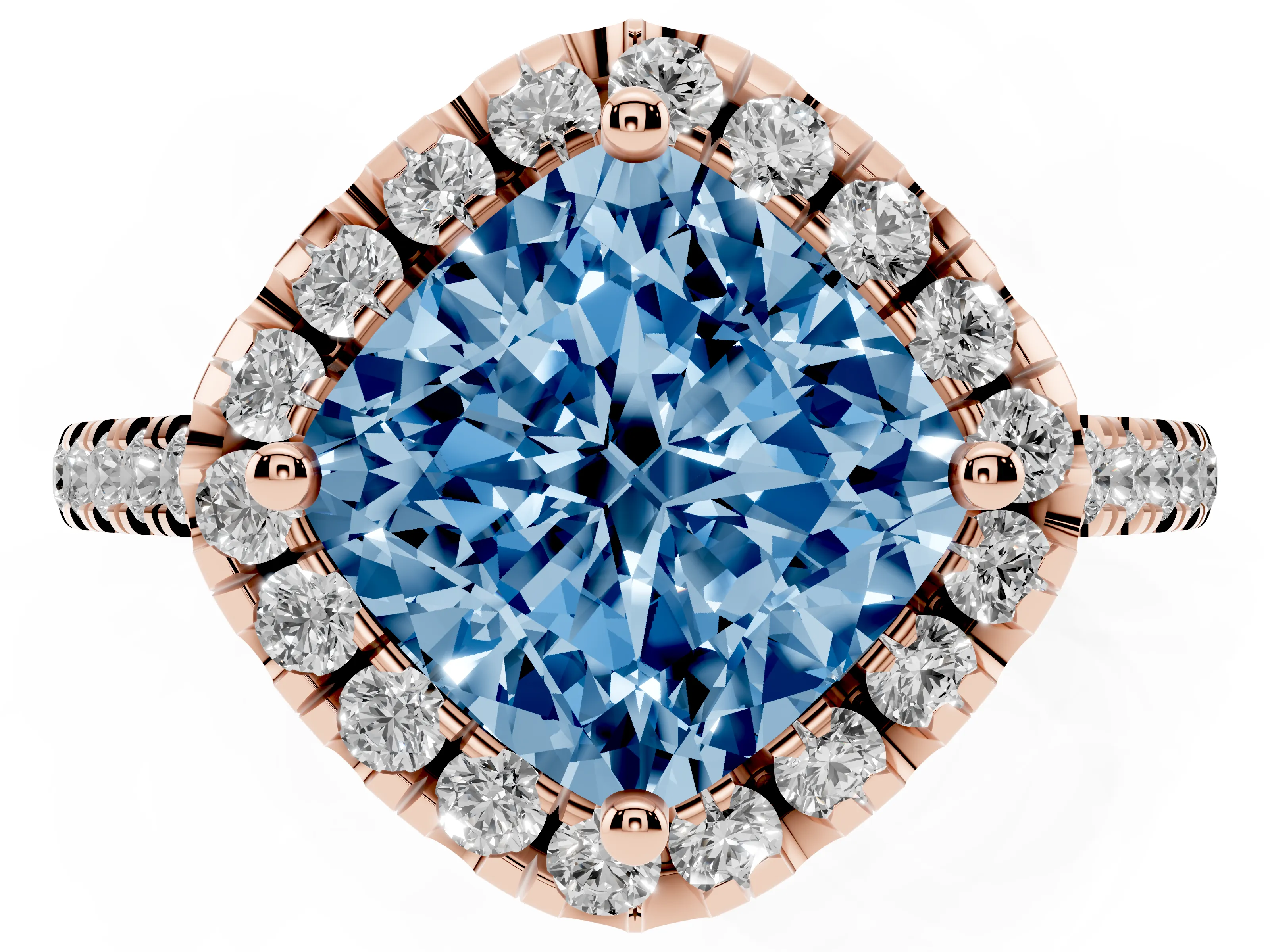 Fancy Blue Cushion Cut Diamond Cushion Halo Ring Set in Rose gold with Pavé Band