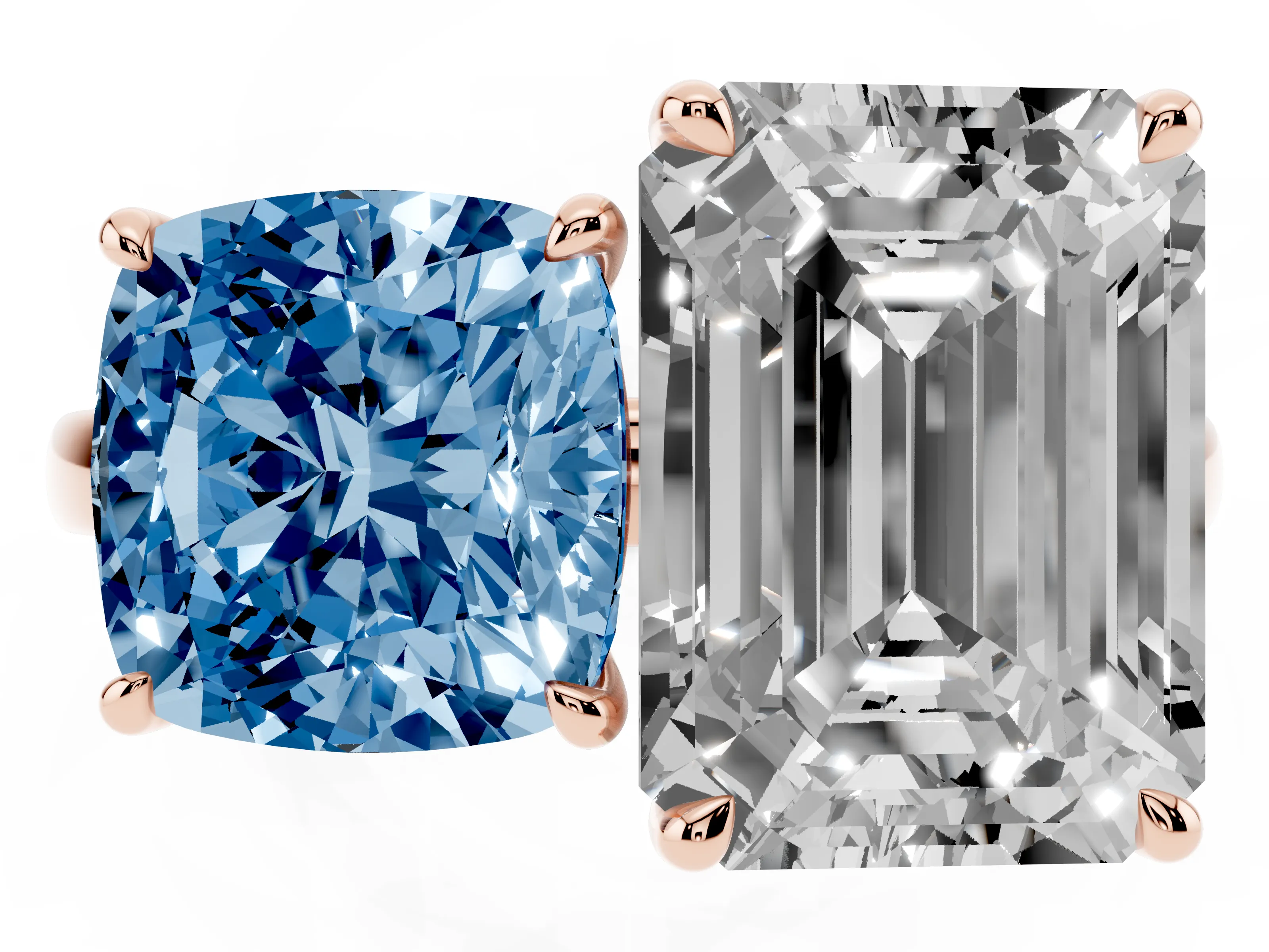 Fancy Blue Cushion Cut and Emerald Cut Toi Moi Ring Set in Rose gold with Prong Setting