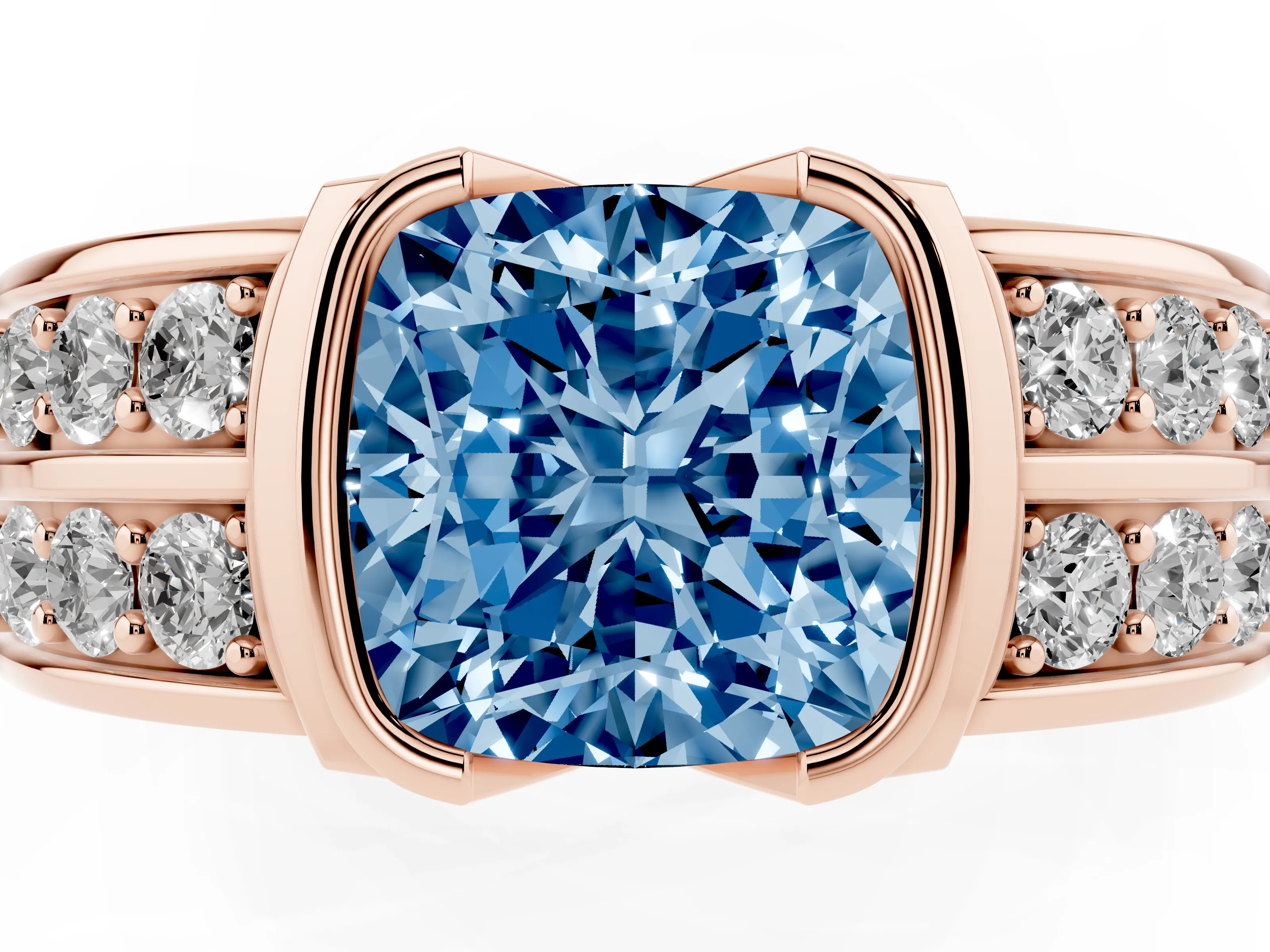 Fancy Blue Cushion Cut Diamond Wide Channel Set Band Ring Set in Rose gold with Bezel Setting