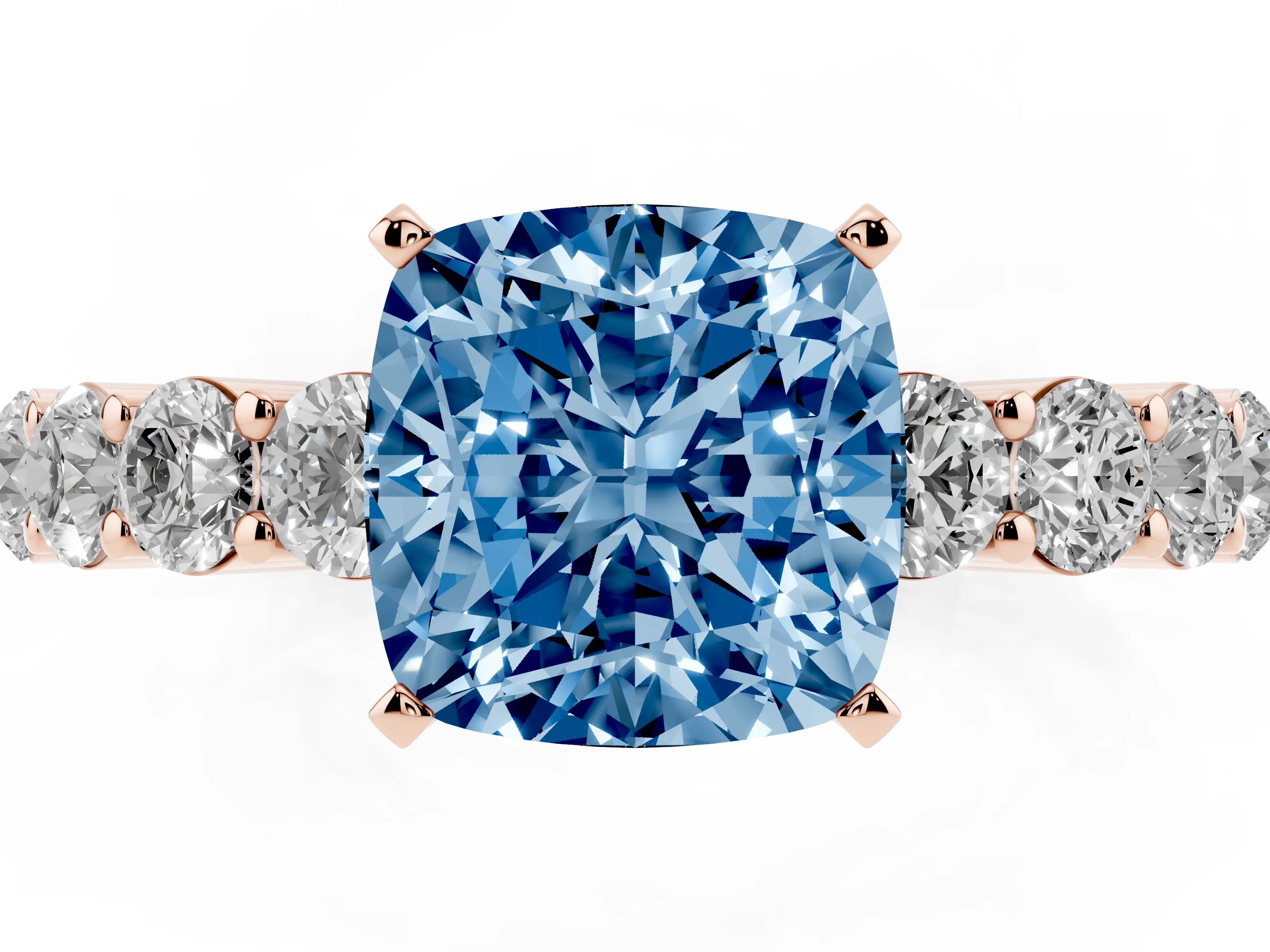 Fancy Blue Cushion Cut Diamond Solitaire Ring Set in Rose gold with Shared Prong Round Side Stones