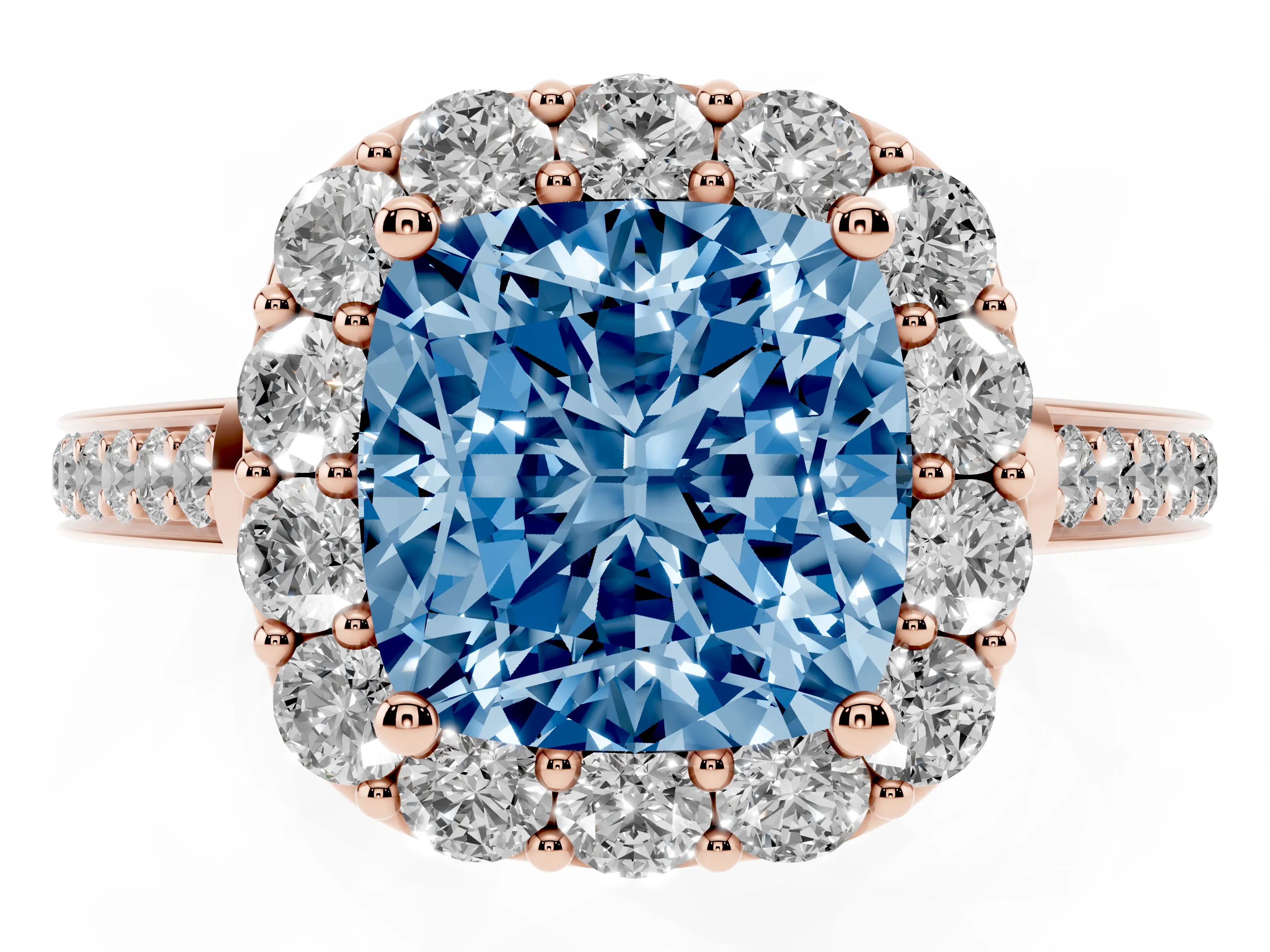 Fancy Blue Cushion Cut Diamond Floral Halo Ring Set in Rose gold with Pavé Band and Prong Setting
