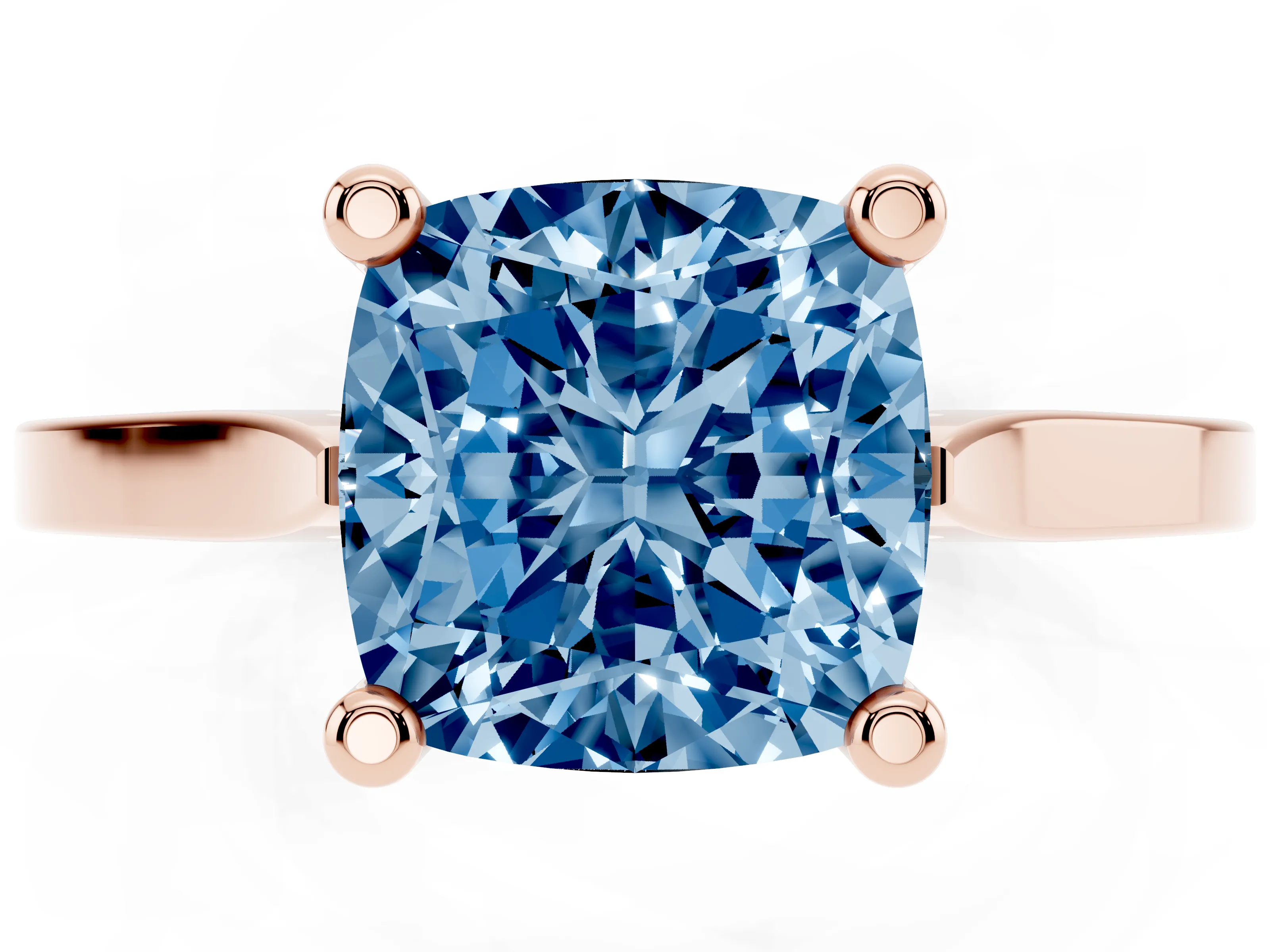 Fancy Blue Cushion Cut Diamond Solitaire Ring Set in Rose gold with Prong Setting and Tapered Band