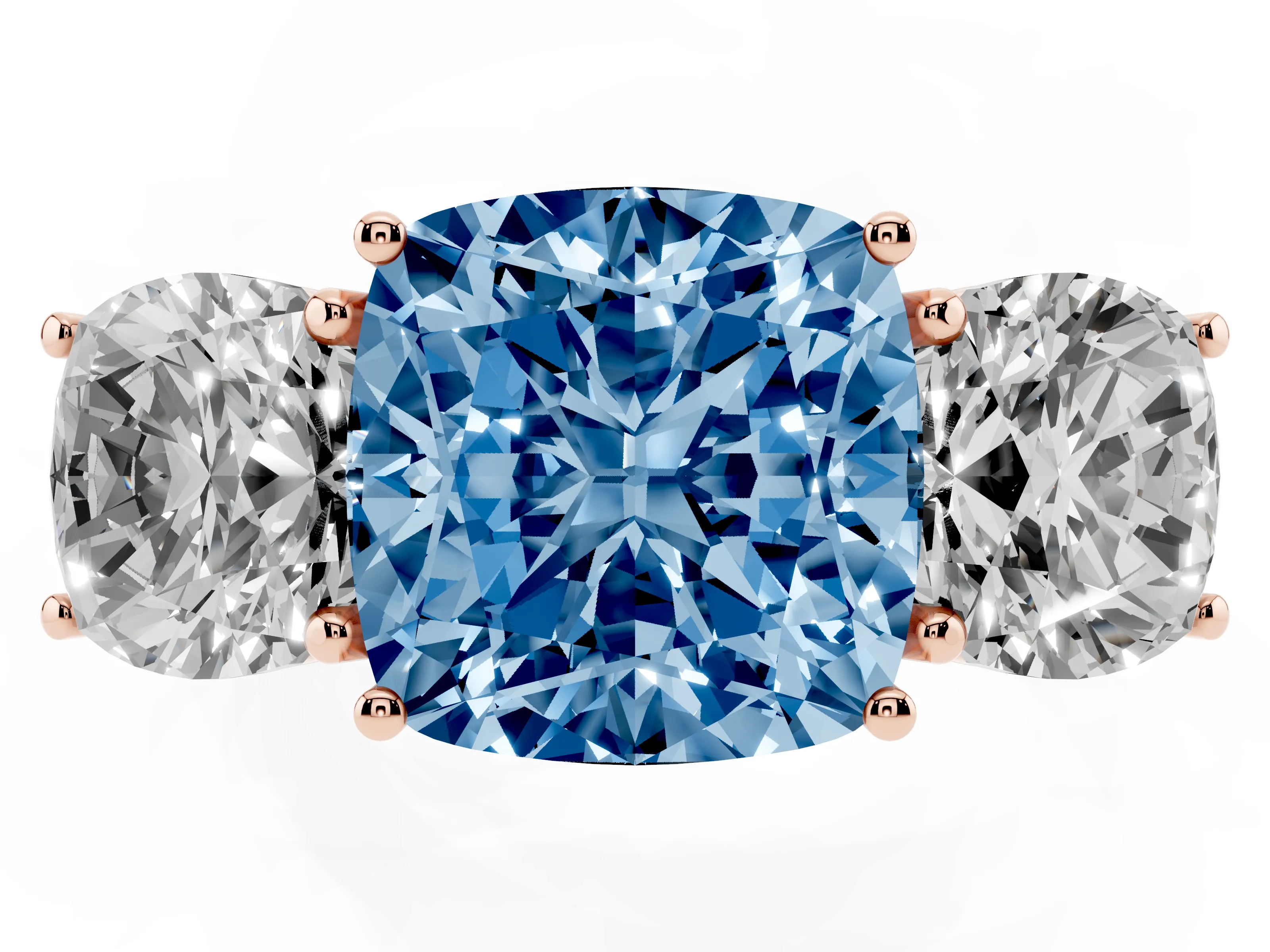 Fancy Blue Cushion Cut Diamond Three-Stone Ring Set in Rose gold with Braided Band