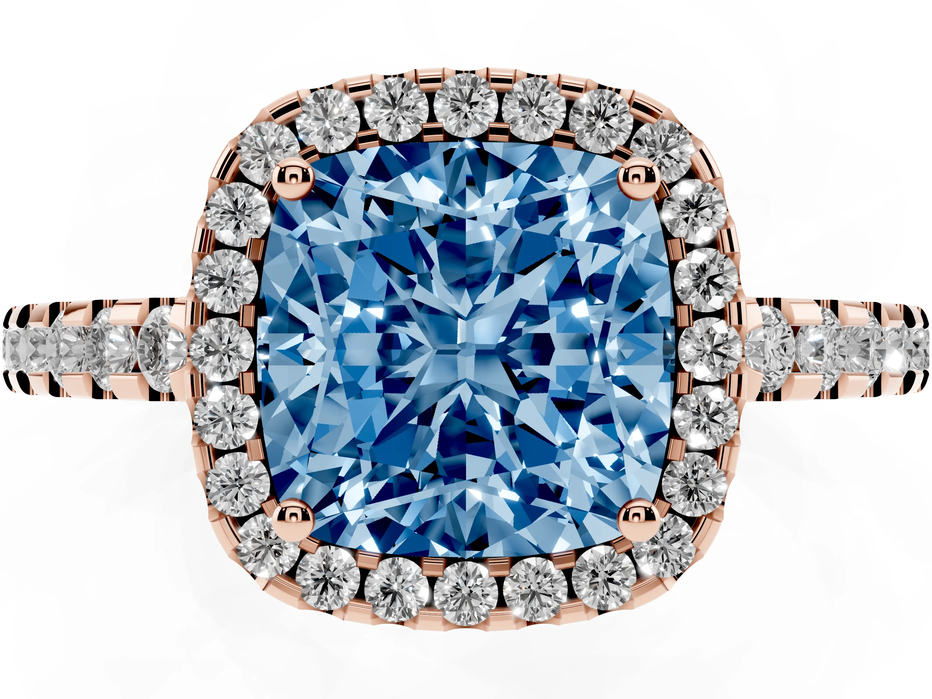 Fancy Blue Cushion Cut Diamond Halo Ring Set in Rose gold with Pavé Shoulders and Halo-Framed Center