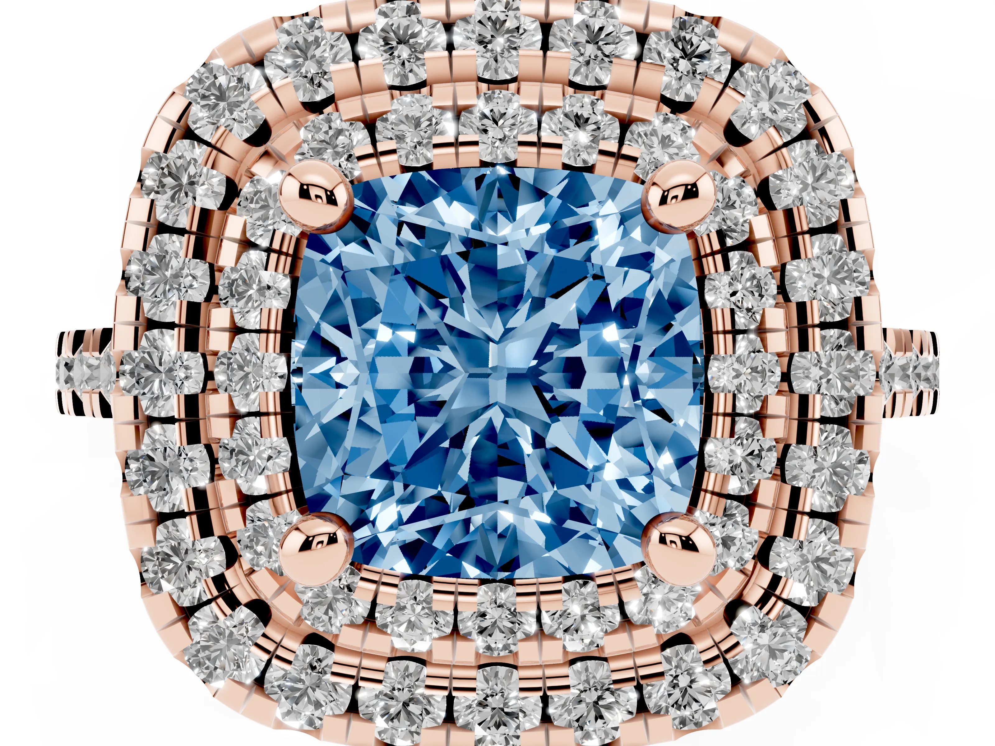 Fancy Blue Cushion Cut Diamond Double Halo Statement Ring Set in Rose gold with Pavé Band