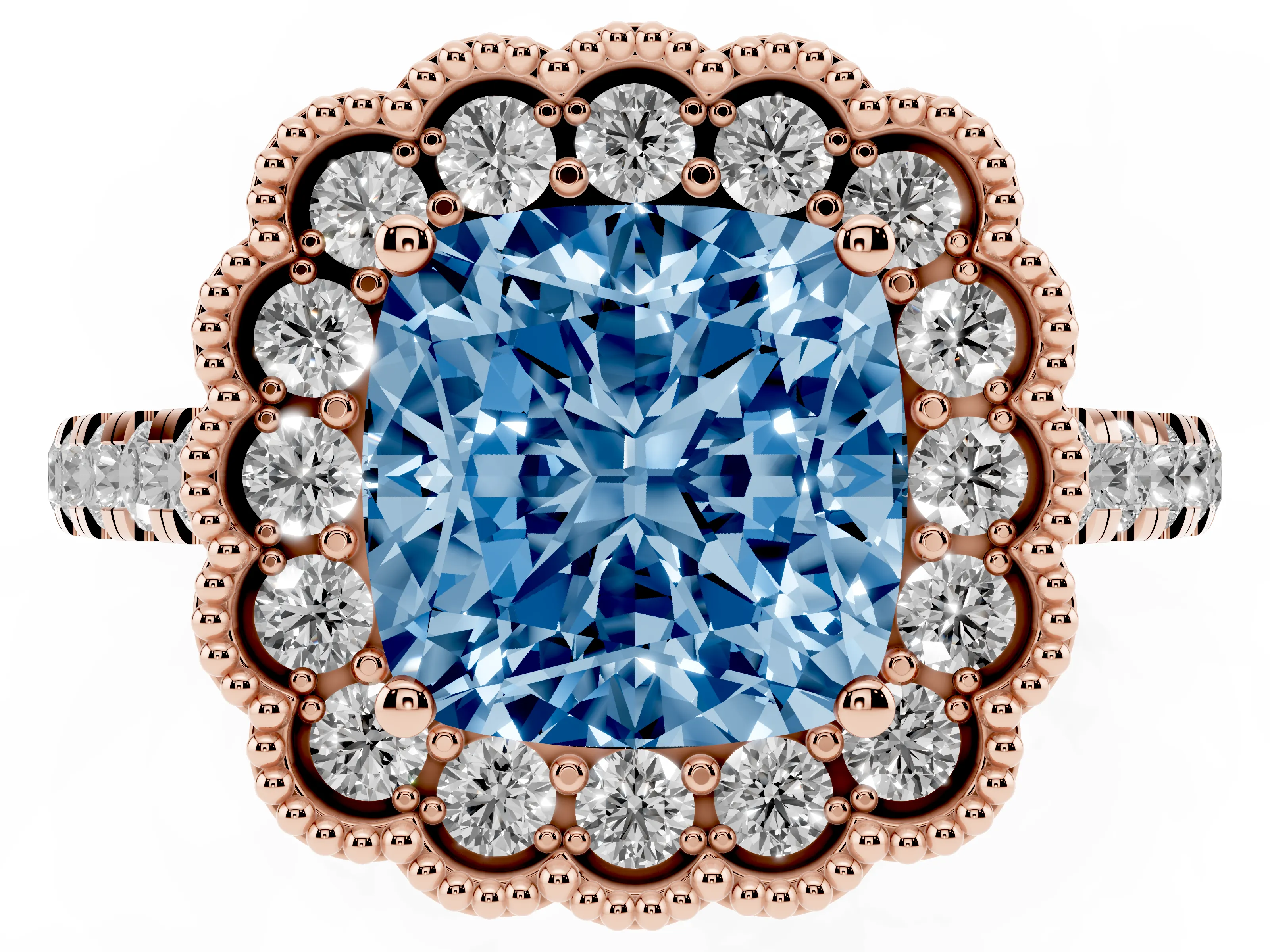 Fancy Blue Cushion Cut Diamond Milgrain Floral Halo Engagement Ring Set in Rose gold with Pavé Band