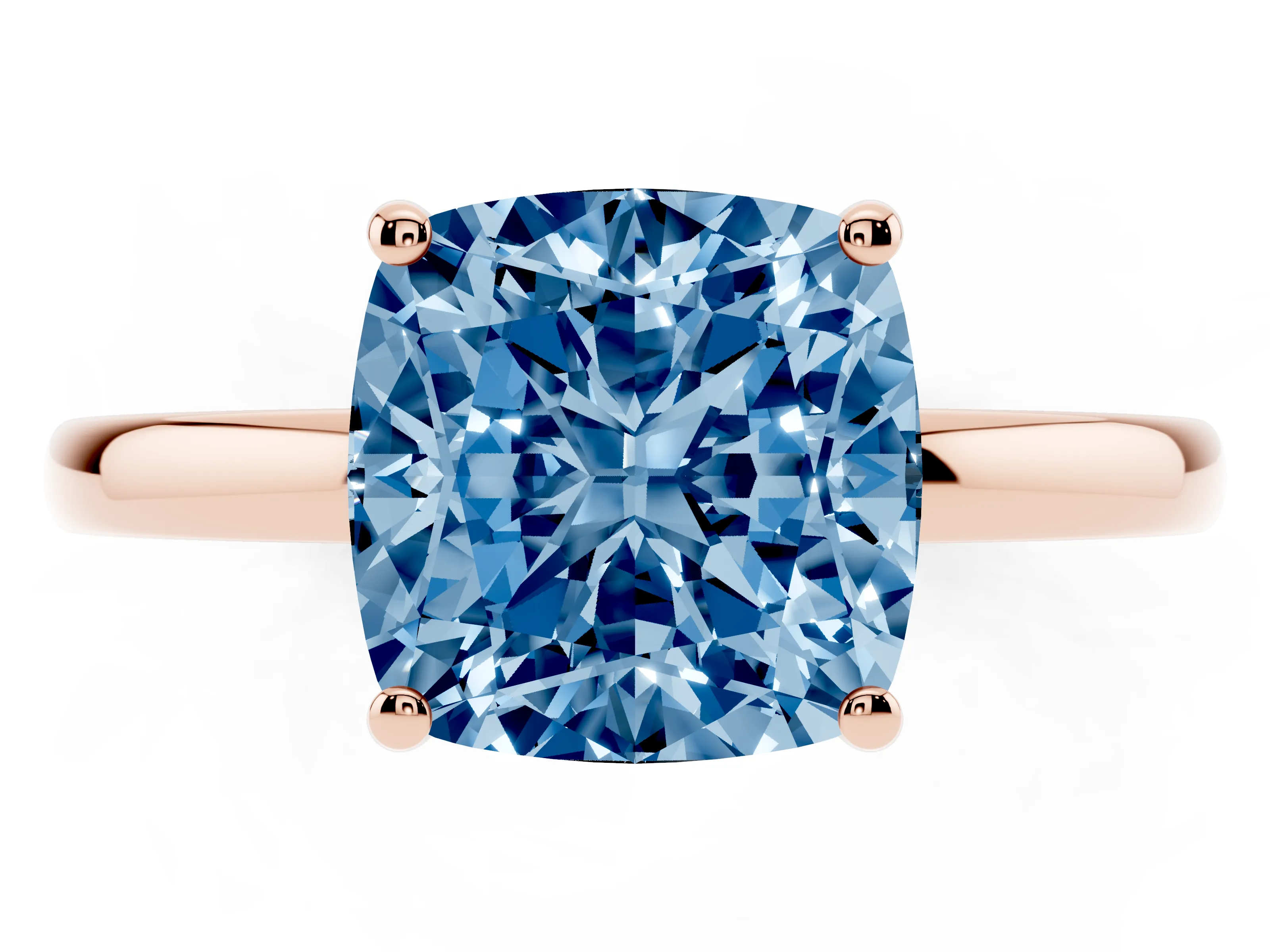 Fancy Blue Cushion Cut Diamond Solitaire Ring Set in Rose gold with Plain Band and Prong Setting