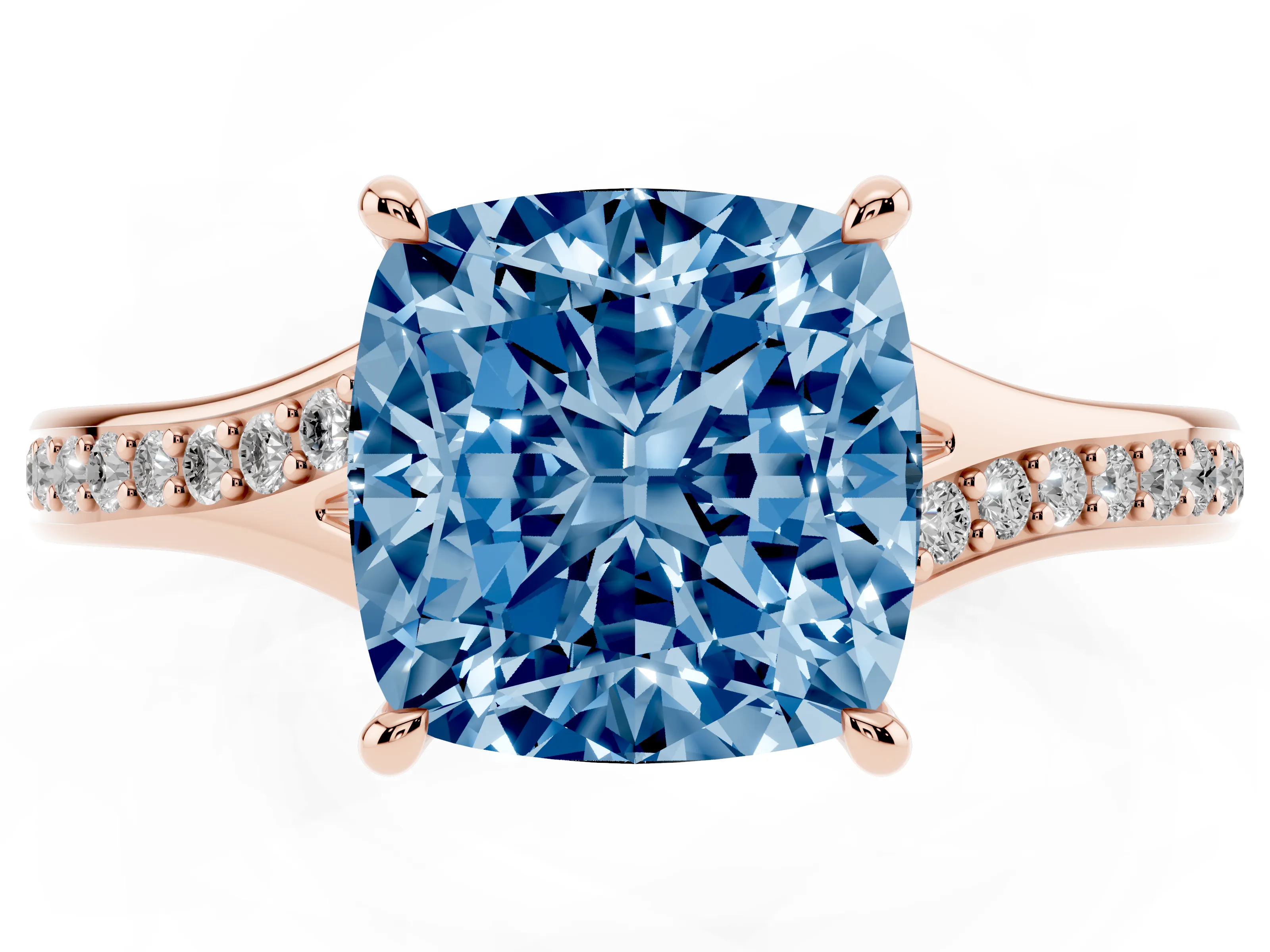 Fancy Blue Cushion Cut Diamond Solitaire Ring Set in Rose gold with Pavé Accent Band and Classic Prong Setting
