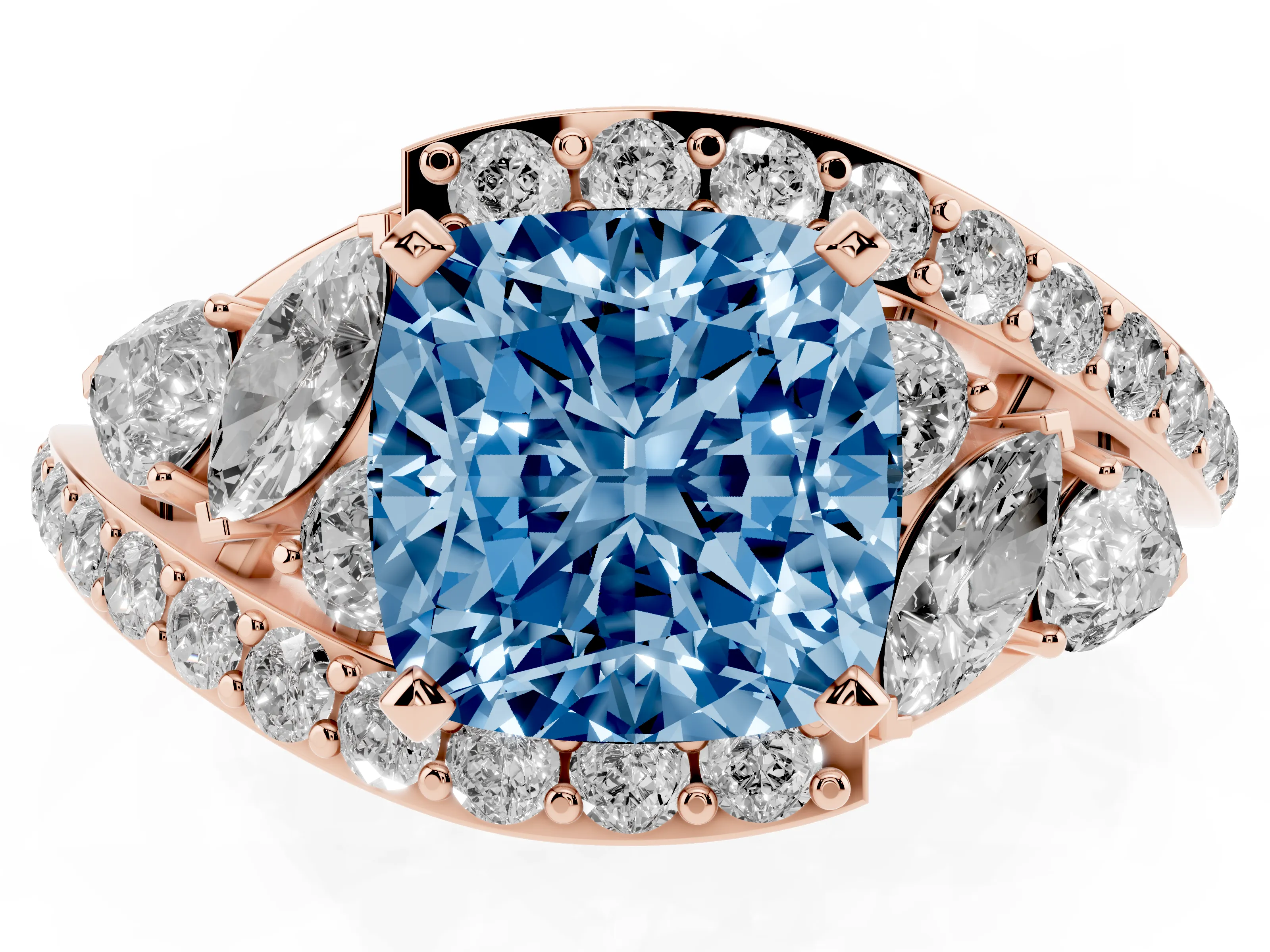 Fancy Blue Cushion Cut Diamond Halo Ring Set in Rose gold with Marquise and Pavé Band in Prong Setting