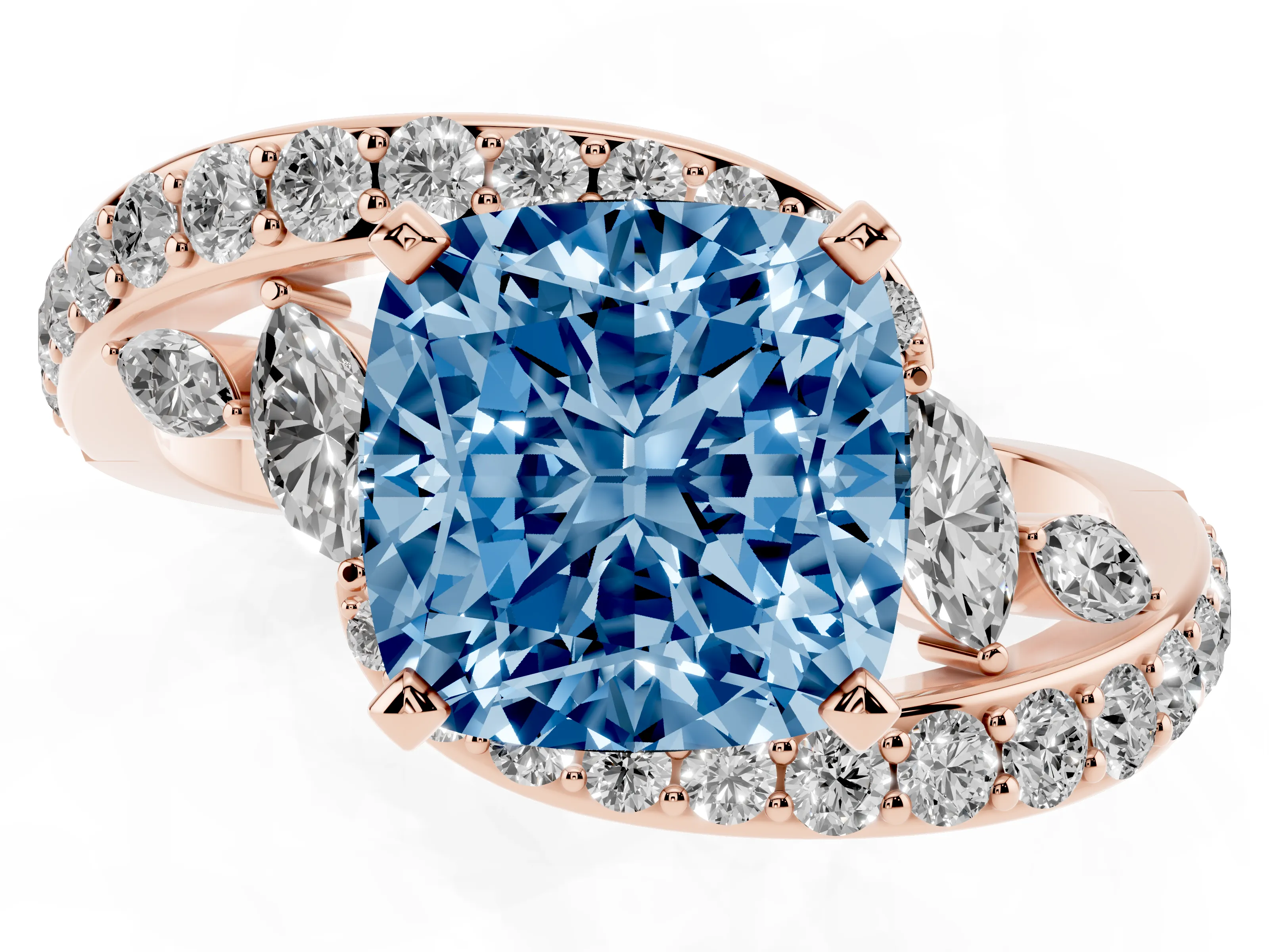 Fancy Blue Cushion Cut Diamond Solitaire Ring Set in Rose gold with Filigree Band and Prong Setting
