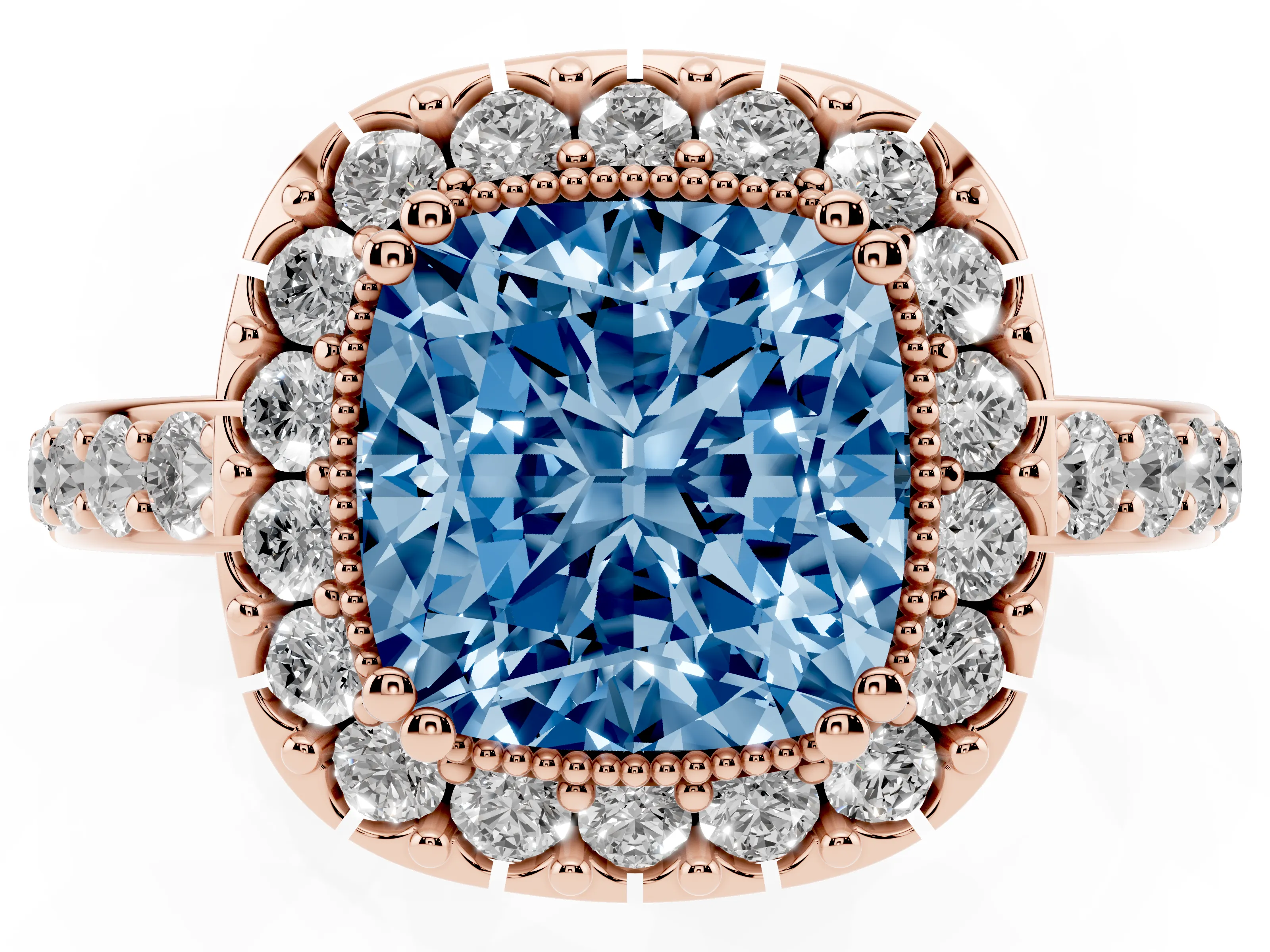Fancy Blue Cushion Cut Diamond Halo Ring Set in Rose gold with Pavé Shank and Prong Setting