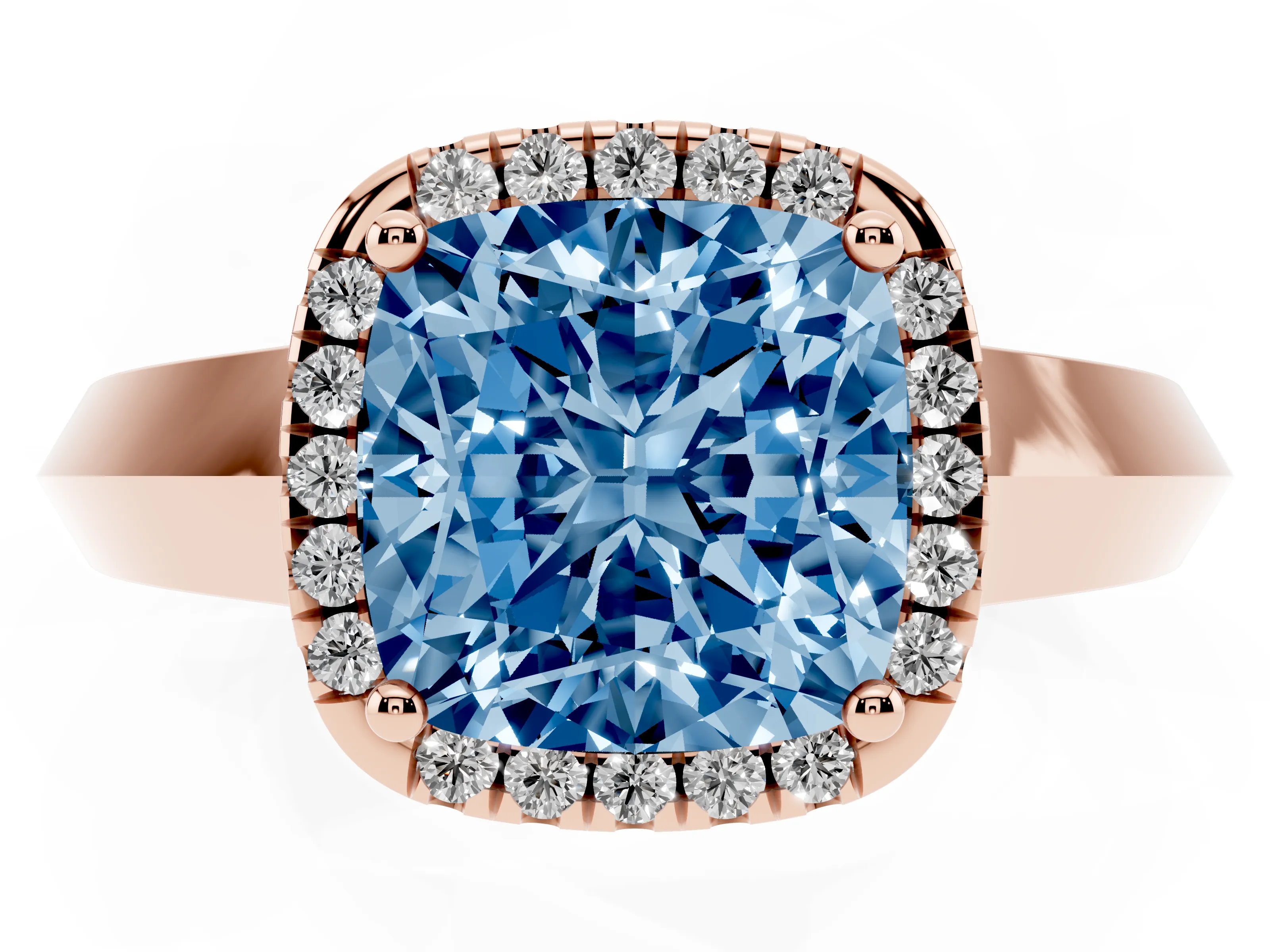 Fancy Blue Cushion Cut Diamond Halo Ring Set in Rose gold with Cathedral Band and Prong Setting