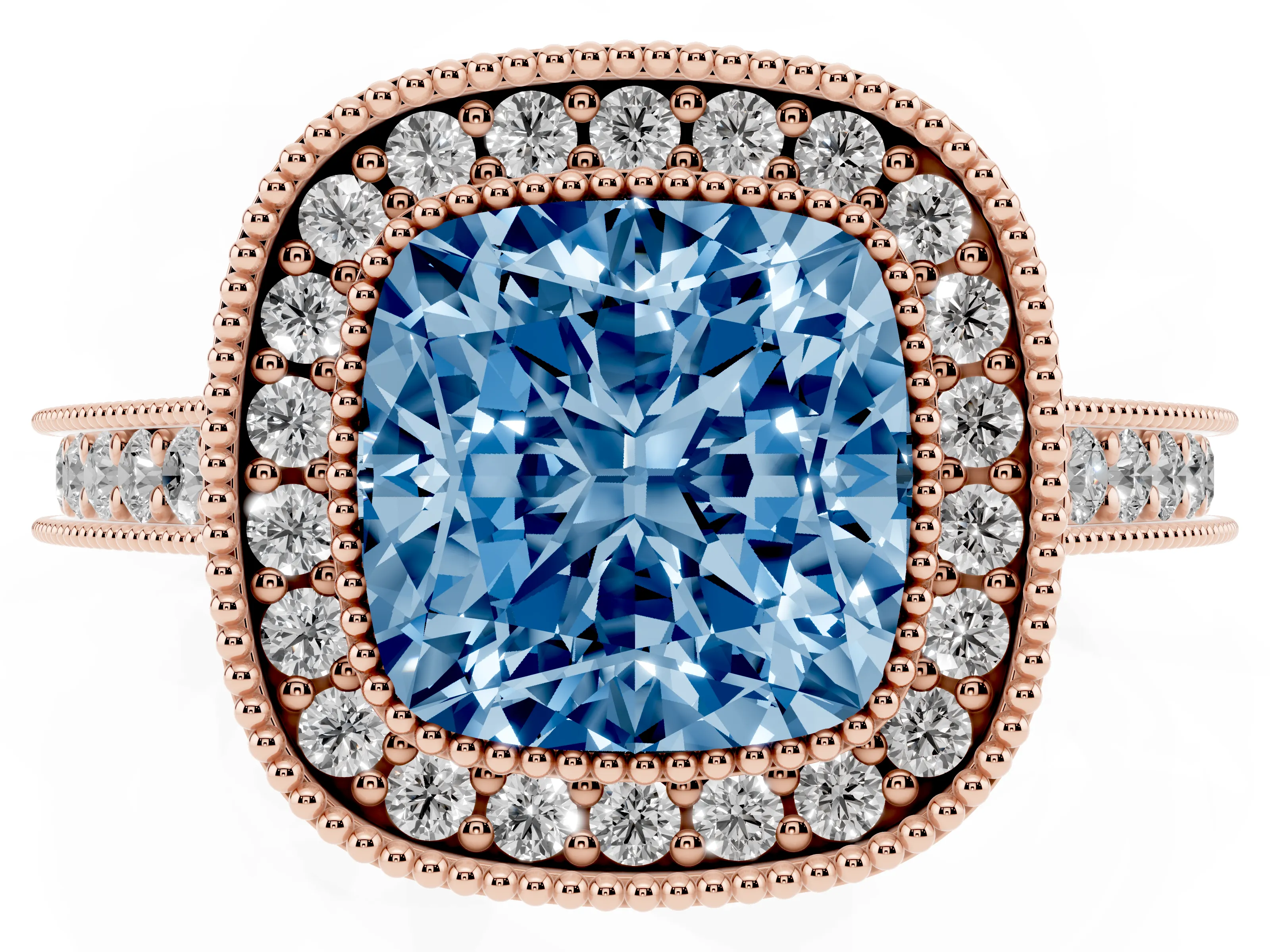 Fancy Blue Cushion Cut Diamond Halo Milgrain Pavé Band Ring Set in Rose gold with Prong Setting