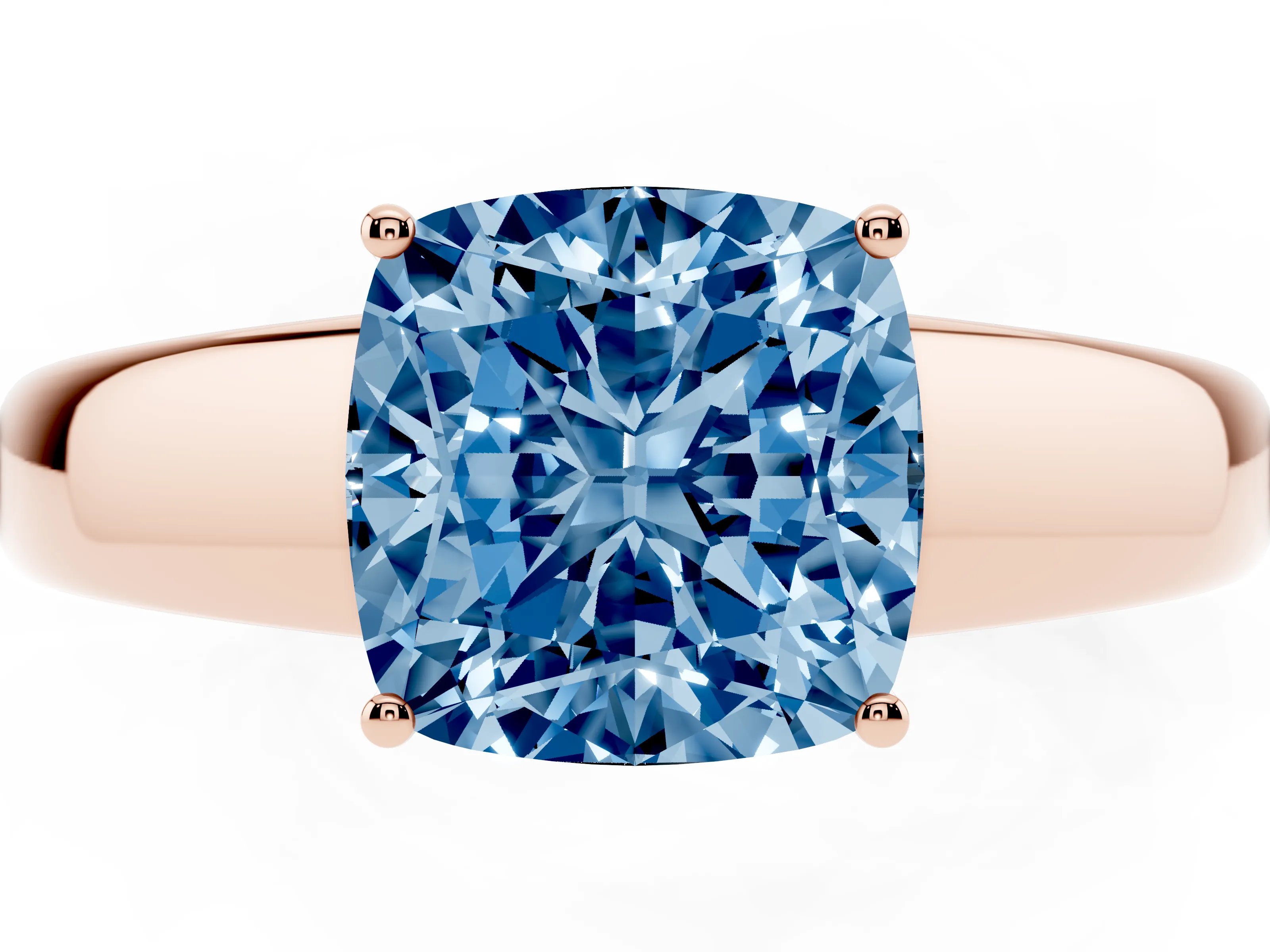 Fancy Blue Cushion Cut Diamond Solitaire Ring Set in Rose gold with Tapered Band and Prong Setting