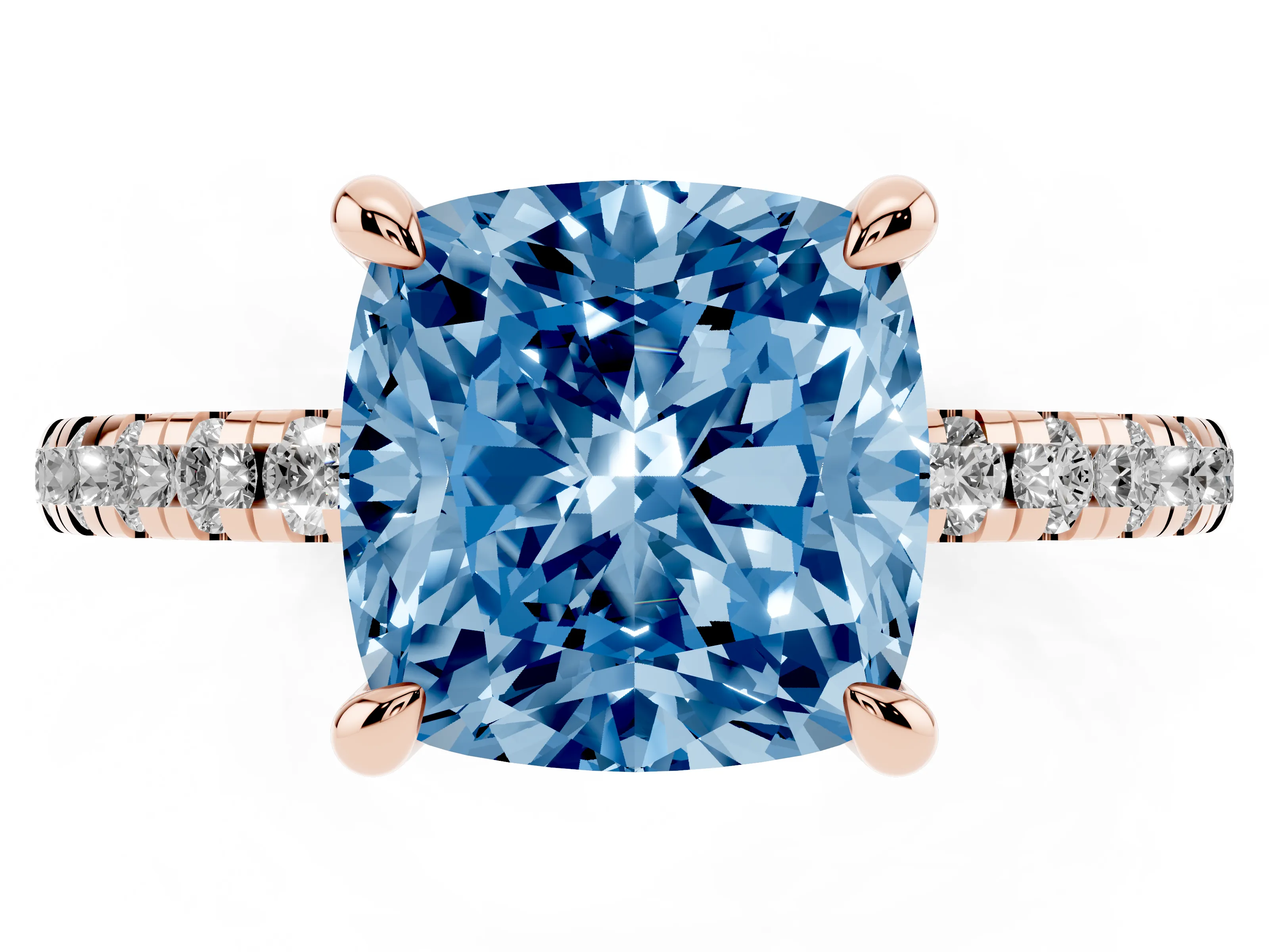 Fancy Blue Cushion Cut Diamond Brilliant Solitaire Ring Set in Rose gold with Pavé Band and Prong Setting