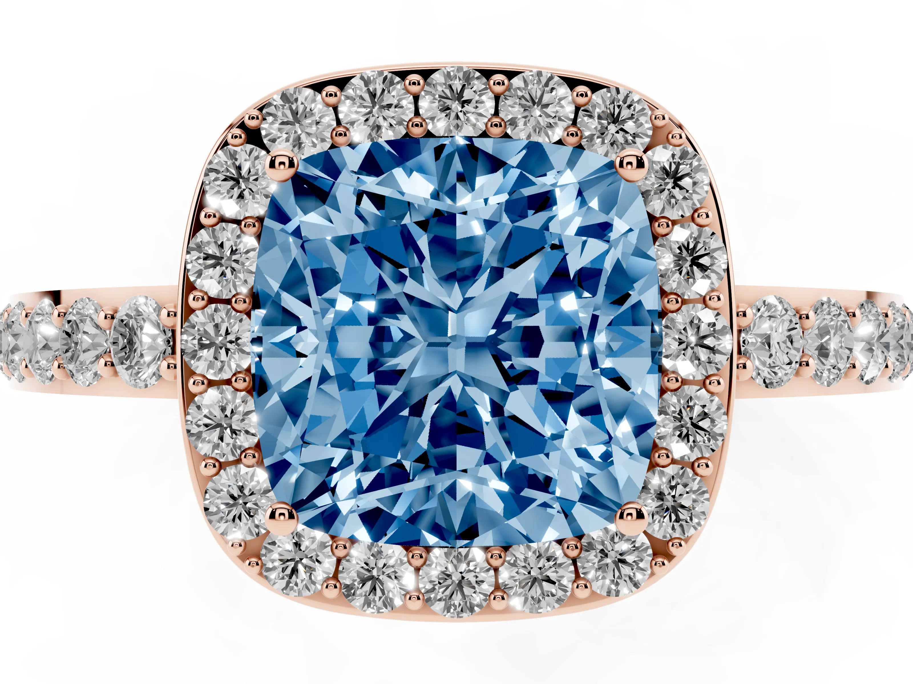 Fancy Blue Cushion Cut Diamond Halo Ring Set in Rose gold with Pavé-Setting Band and Open Prong Center