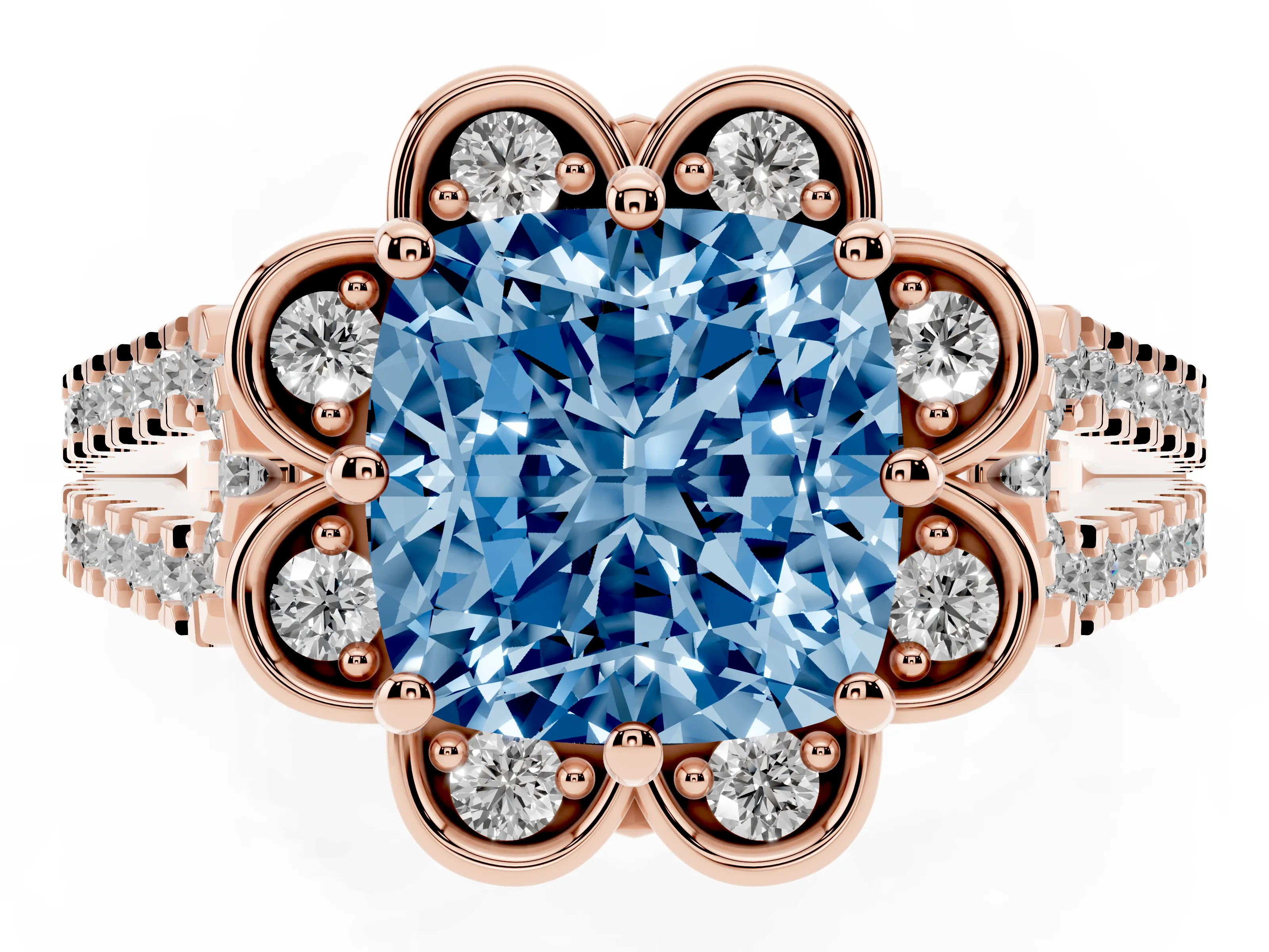 Fancy Blue Cushion Cut Diamond Floral Halo Split Shank Engagement Ring Set in Rose gold with Pavé Shank