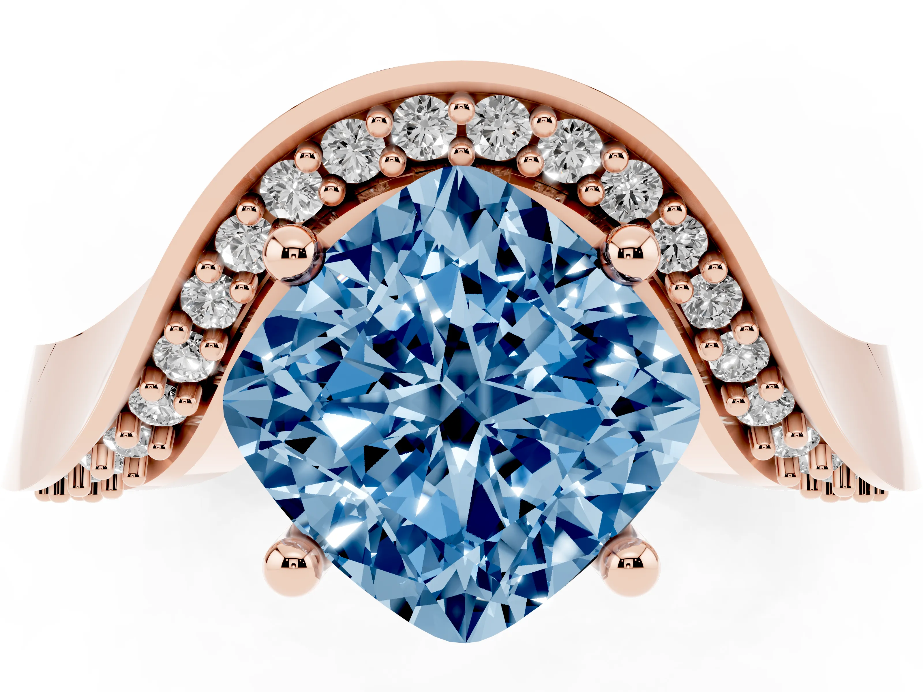 Fancy Blue Cushion Cut Diamond Solitaire Engagement Ring Set in Rose gold with Pavé Shoulders
