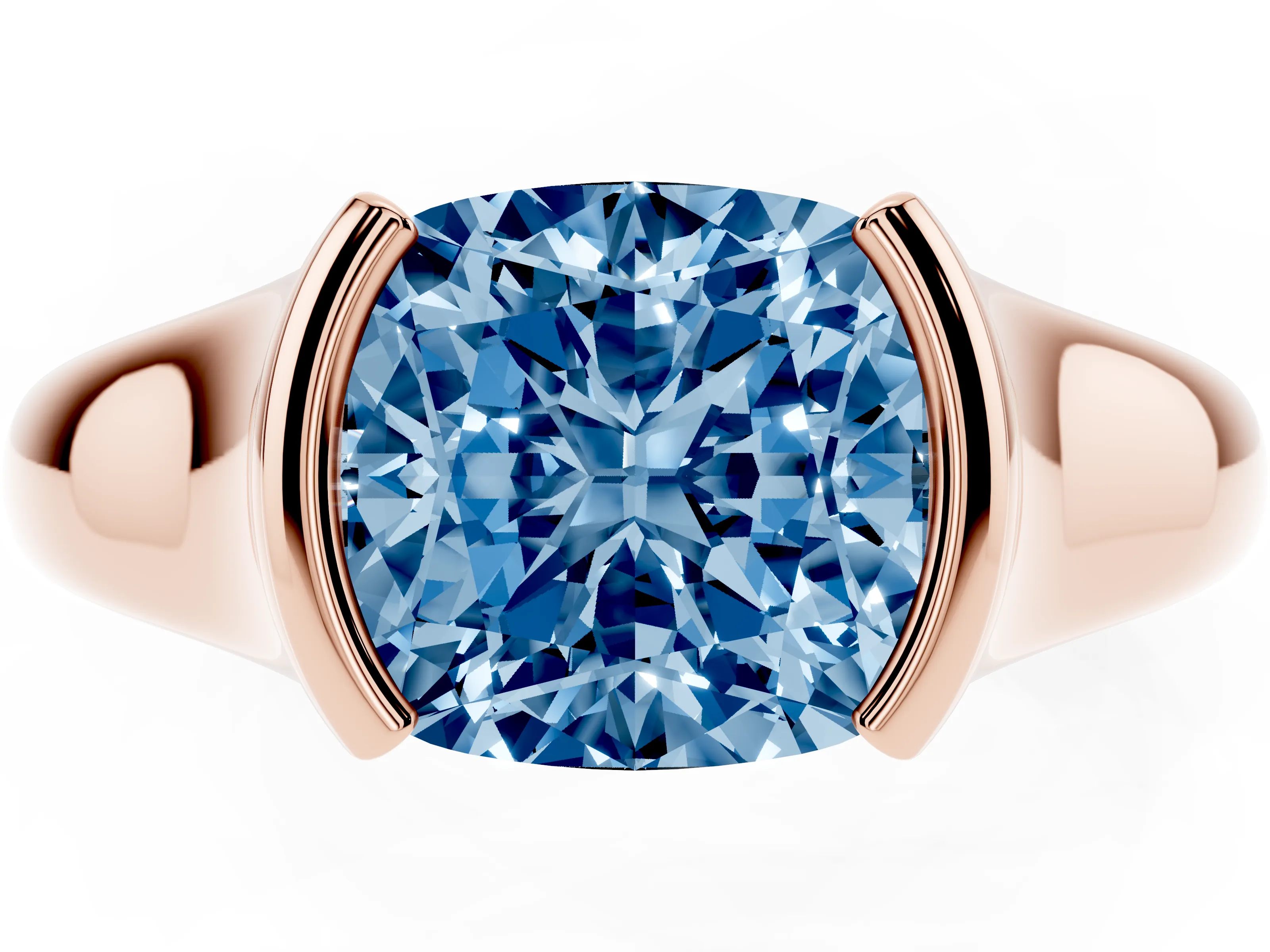 Fancy Blue Cushion Cut Diamond Solitaire Tension Set Ring Set in Rose gold with Split Shank Band