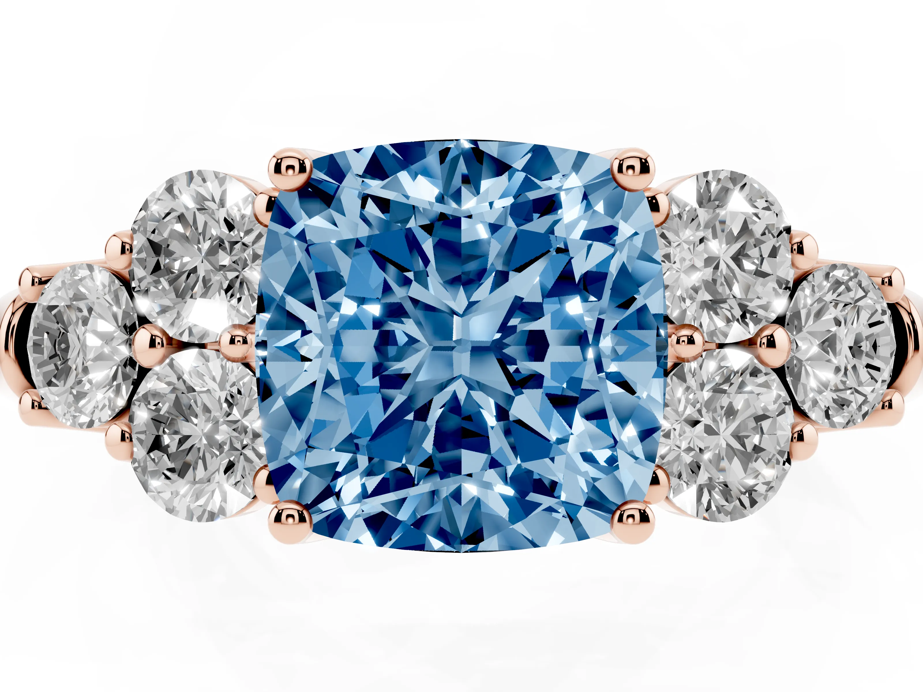 Fancy Blue Cushion Cut Diamond Cluster Ring Set in Rose gold with Round Accent Stones and Prong Setting on a Plain Band
