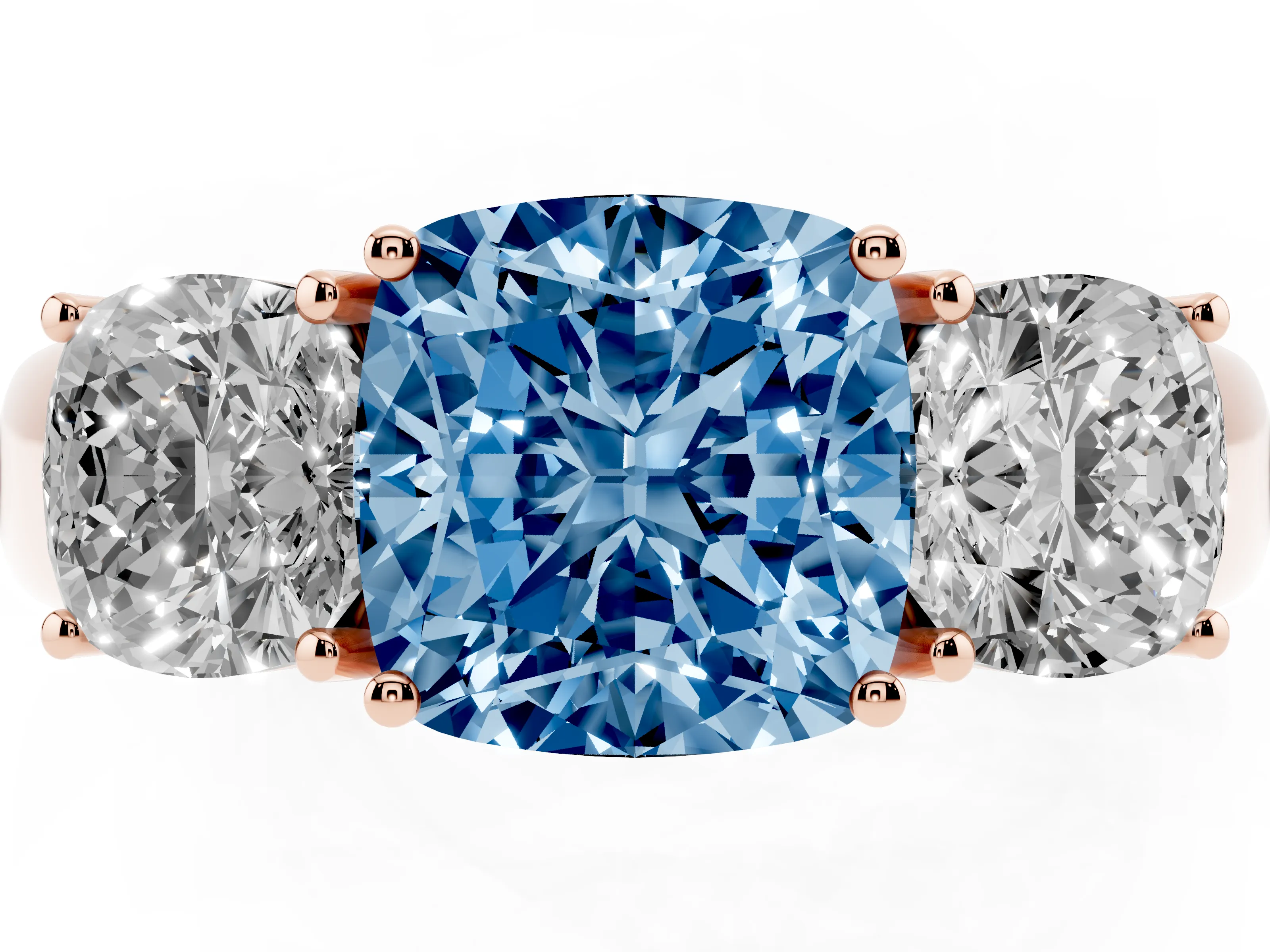 Fancy Blue Three-Stone Cushion Cut Diamond Ring Set in Rose gold with Matching Prong Settings and Plain Band