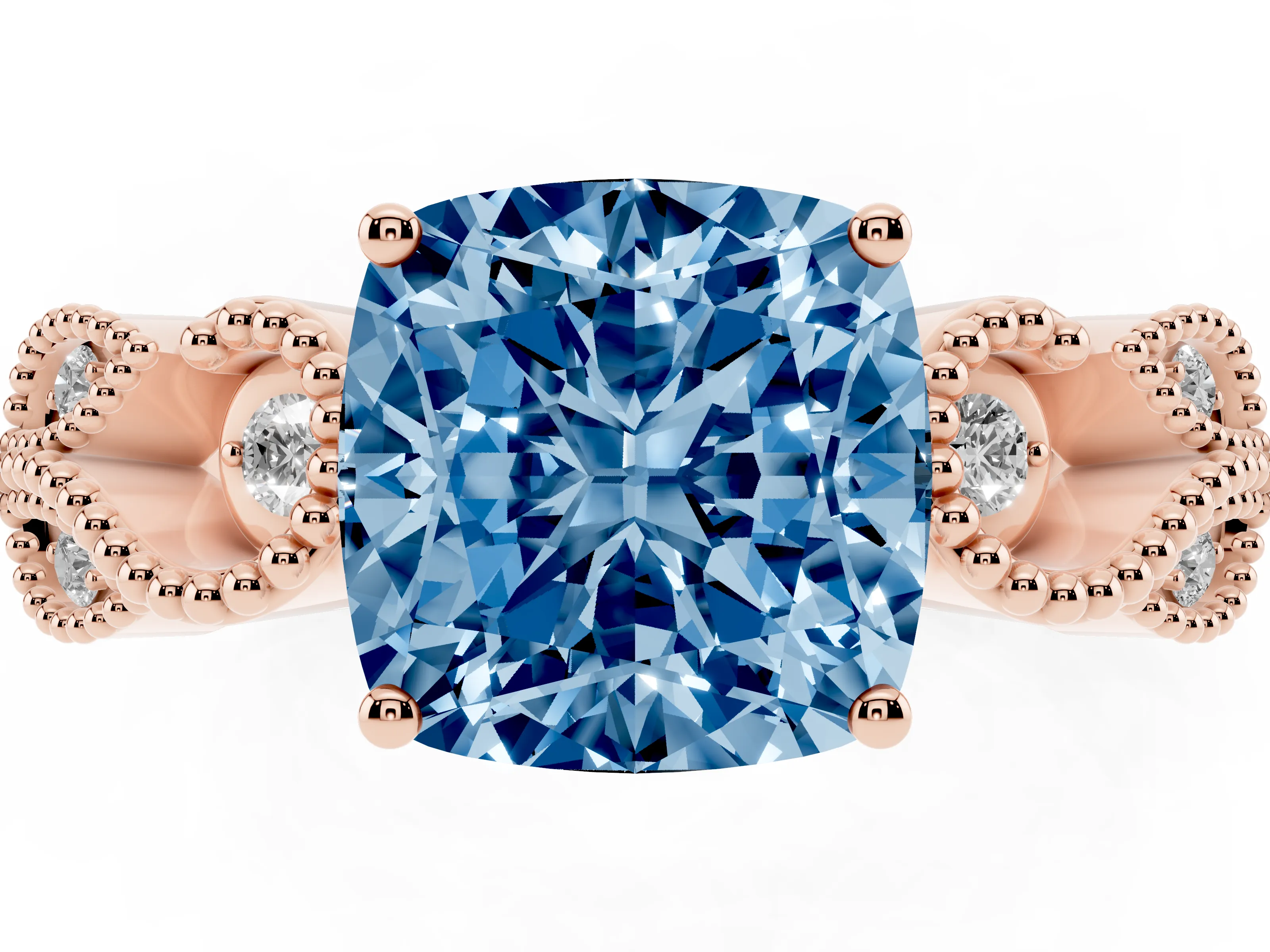 Fancy Blue Cushion Cut Diamond Milgrain Leaf Band Solitaire Ring Set in Rose gold with Accent Stones and Prong Setting