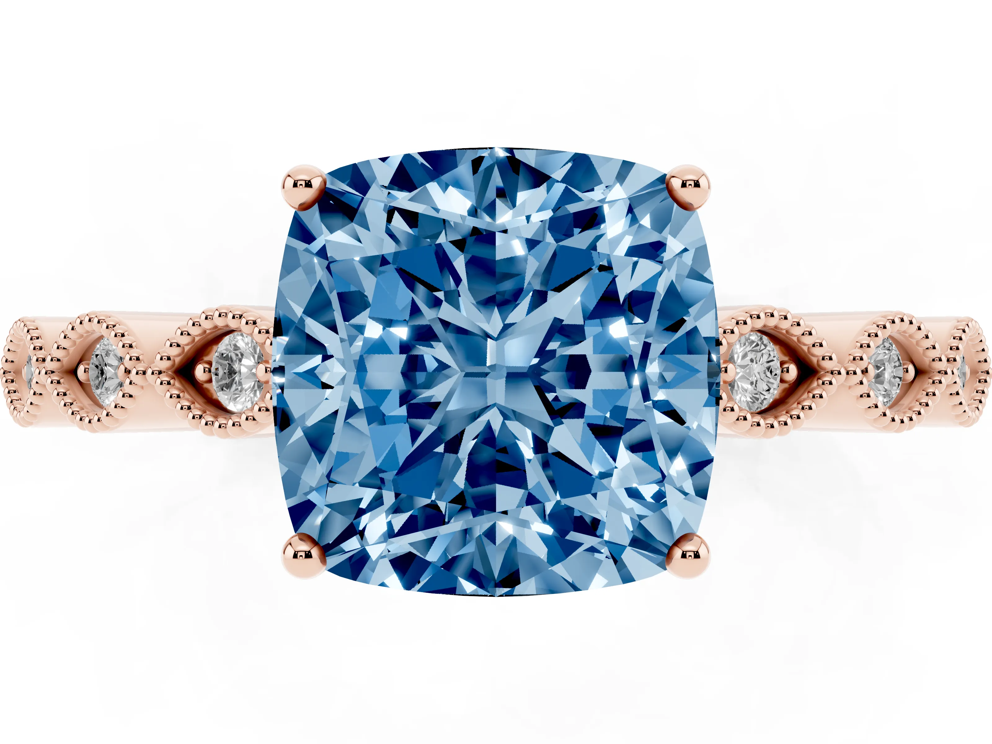 Fancy Blue Cushion Cut Diamond Solitaire Ring Set in Rose gold with Infinity Twist Pavé Band