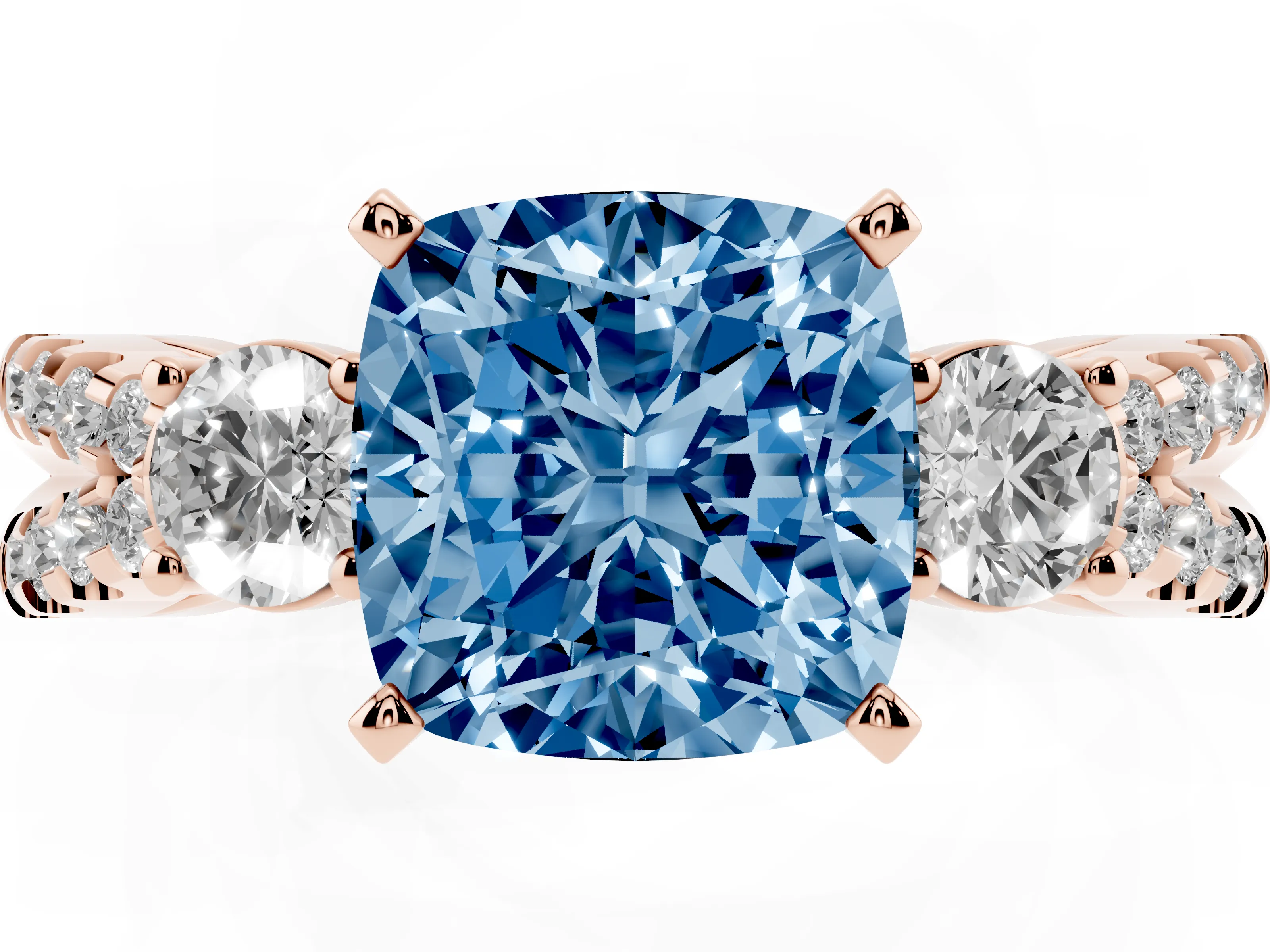 Fancy Blue Cushion Cut Diamond Three-Stone Ring Set in Rose gold with Pavé Split Shank and Prong Setting