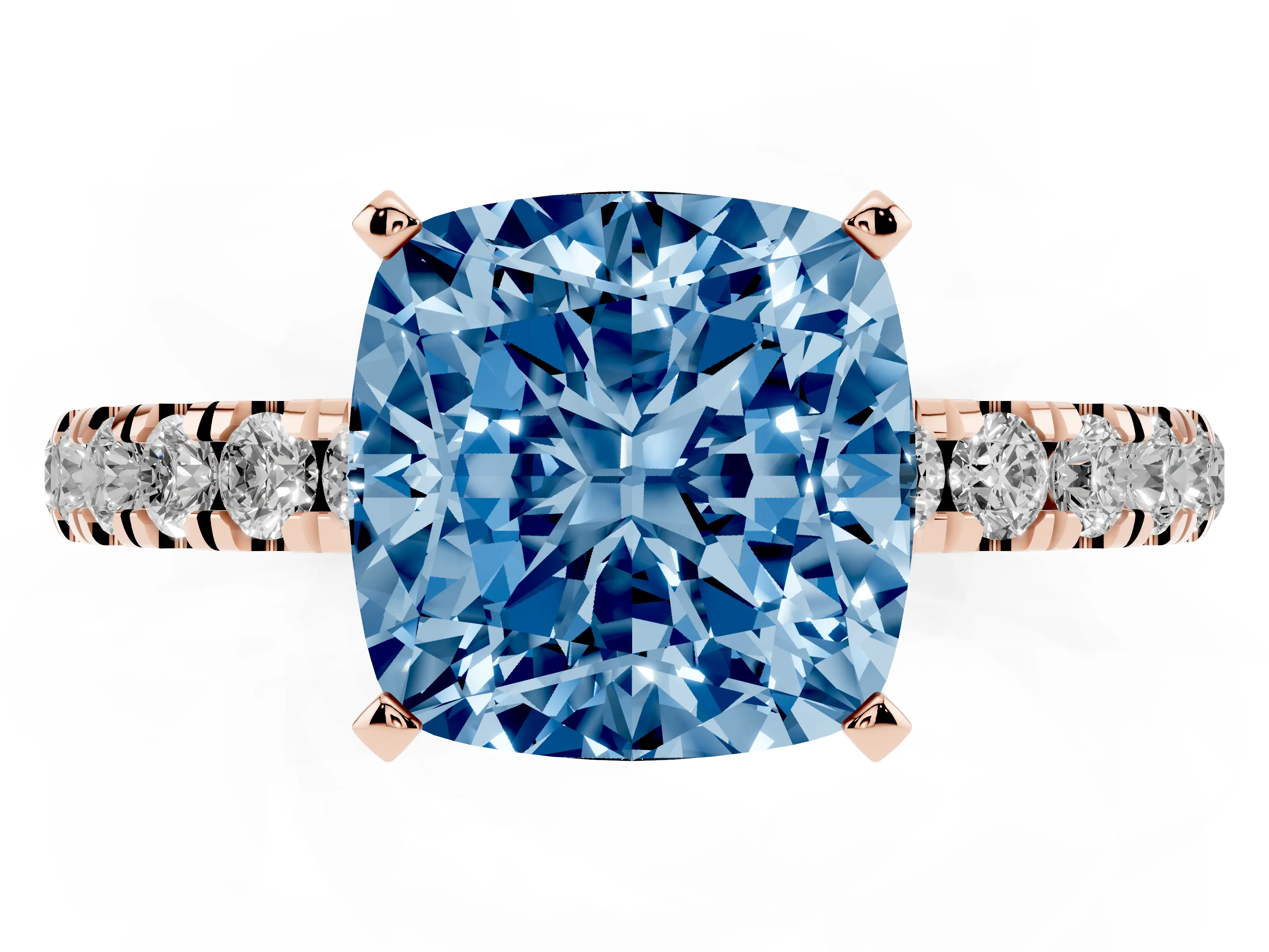 Fancy Blue Cushion Cut Diamond Solitaire Ring Set in Rose gold with Pavé Accents and Prong Setting