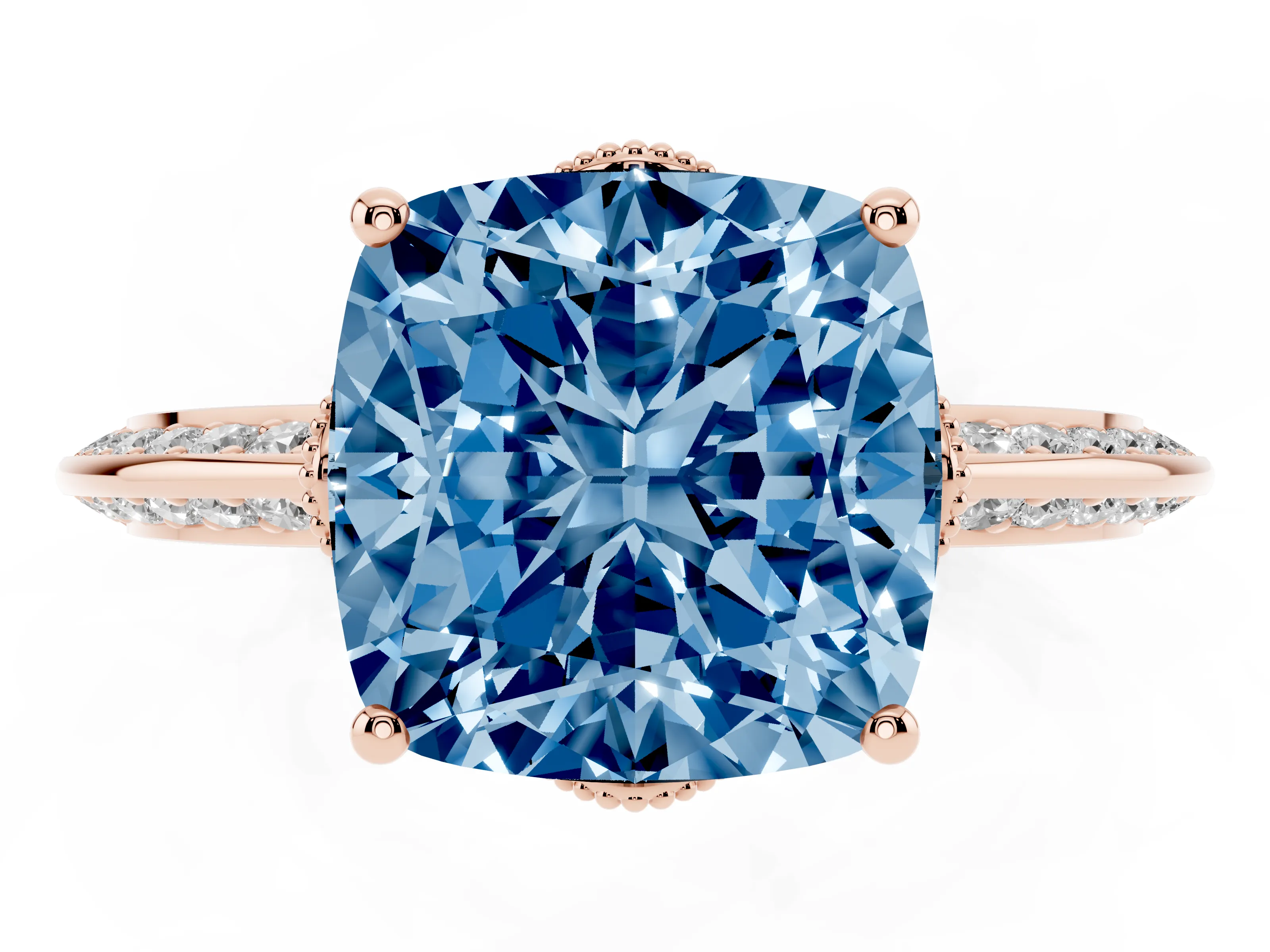 Fancy Blue Cushion Cut Diamond Solitaire Engagement Ring Set in Rose gold with Pavé Split Shank and Prong Setting