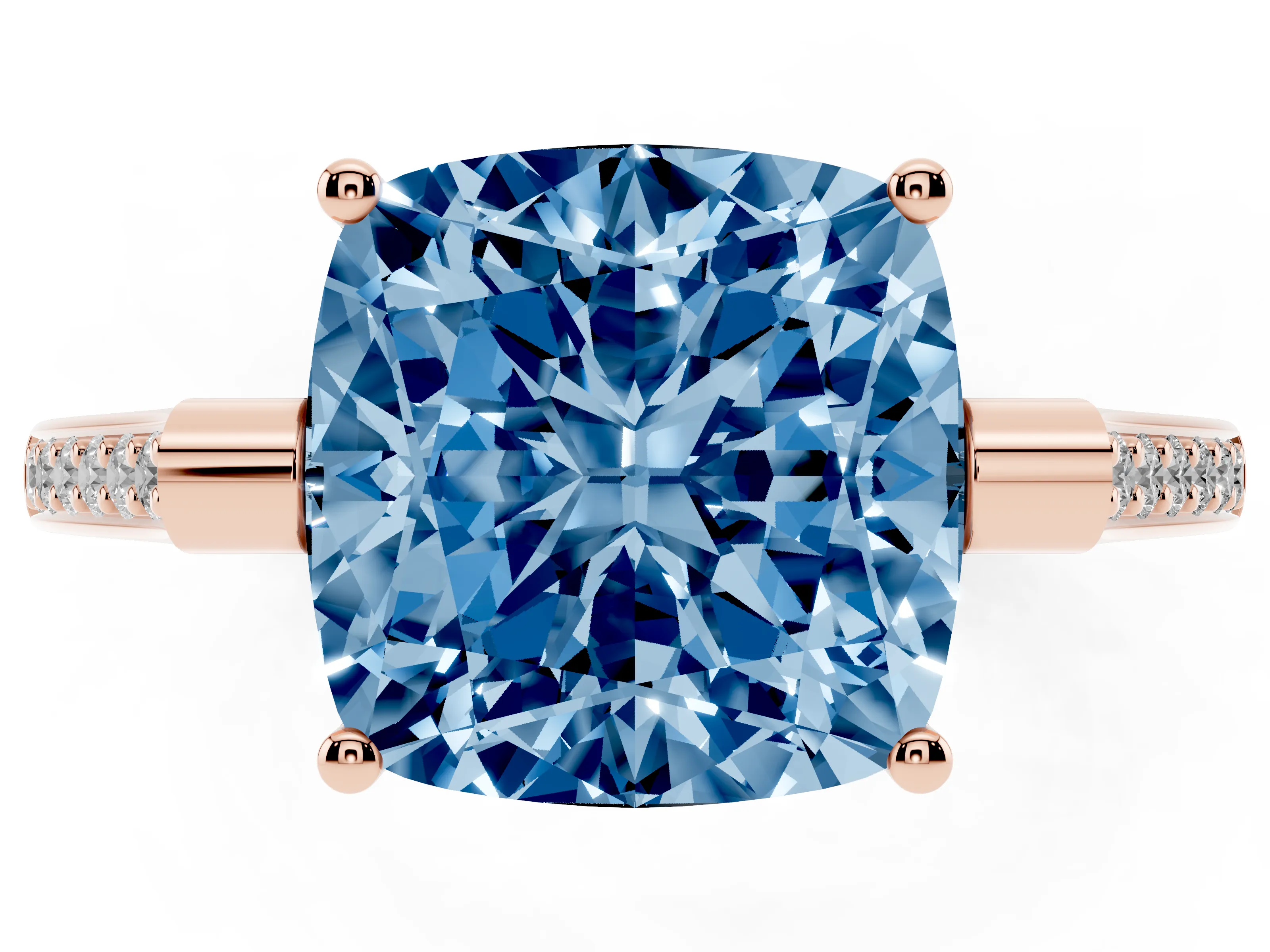 Fancy Blue Cushion Cut Diamond Solitaire Ring Set in Rose gold with Channel Set Band and Bezel Prong Setting