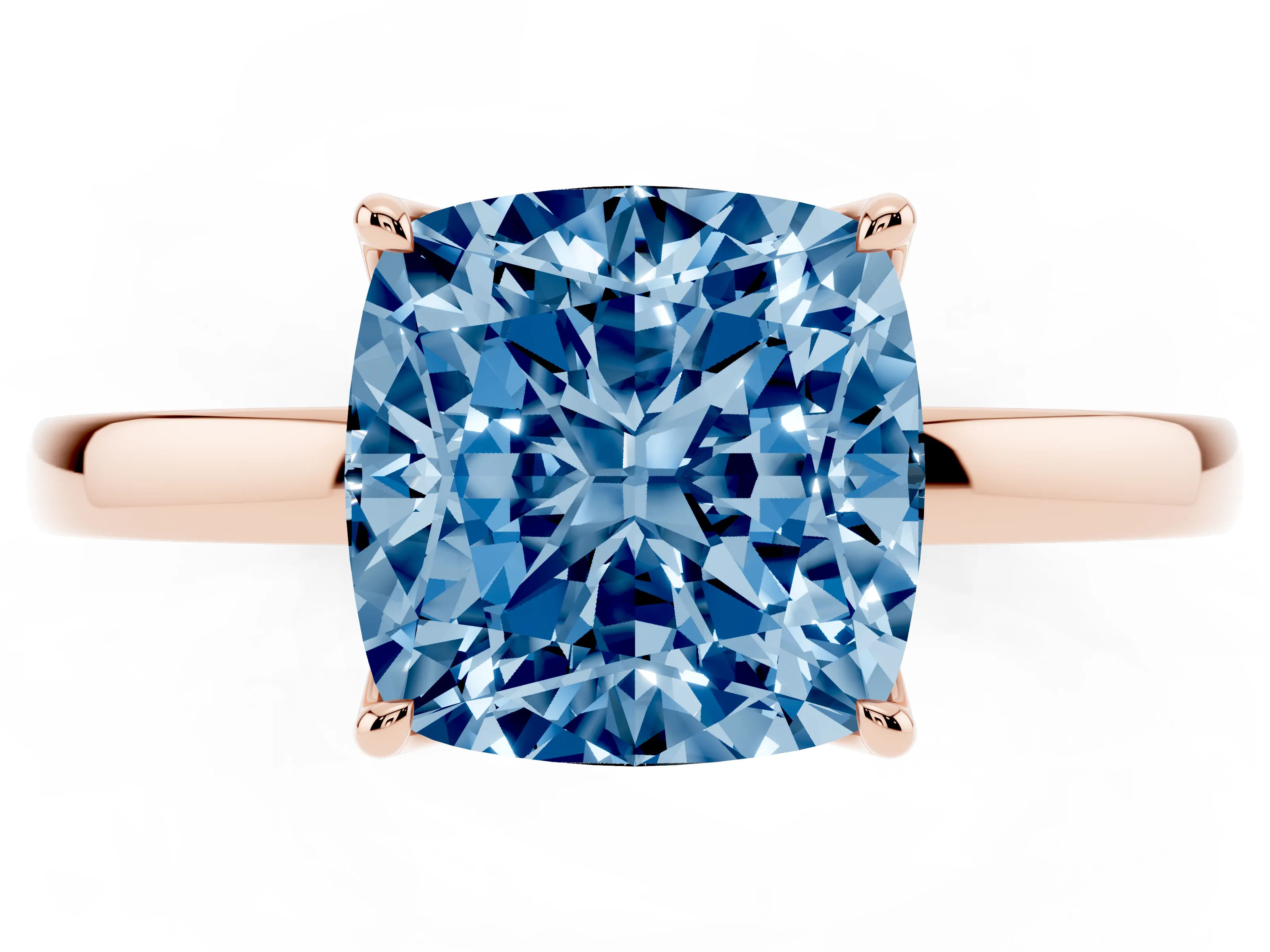 Fancy Blue Cushion Cut Diamond Solitaire Ring Set in Rose gold with Prong Setting and Thin Polished Band