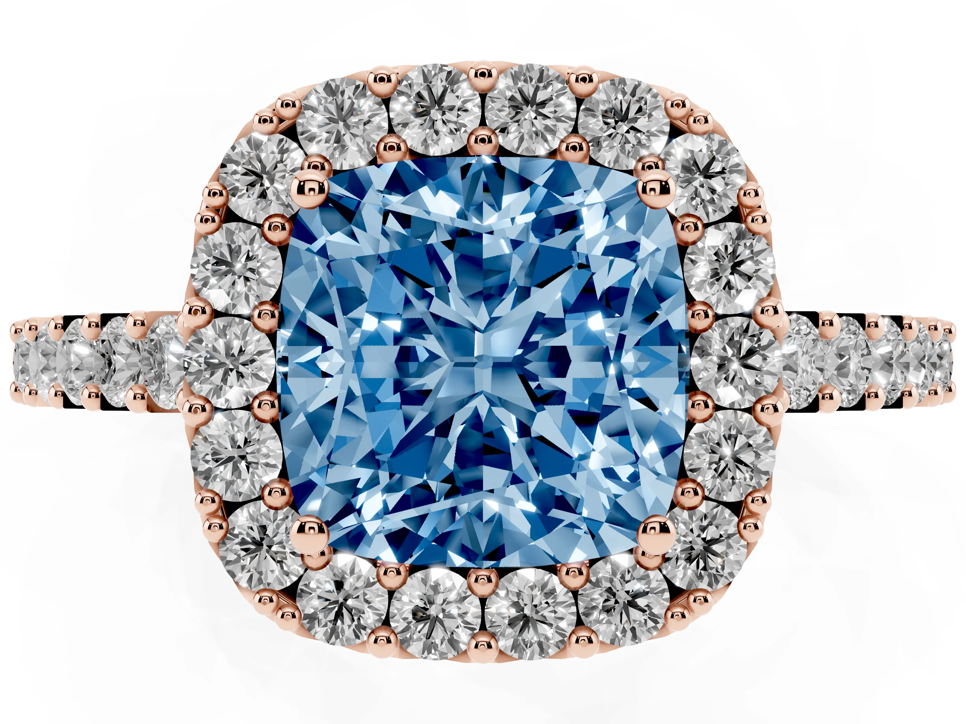 Fancy Blue Cushion Cut Diamond Halo Pavé Solitaire Ring Set in Rose gold with Prong-Set Center Stone