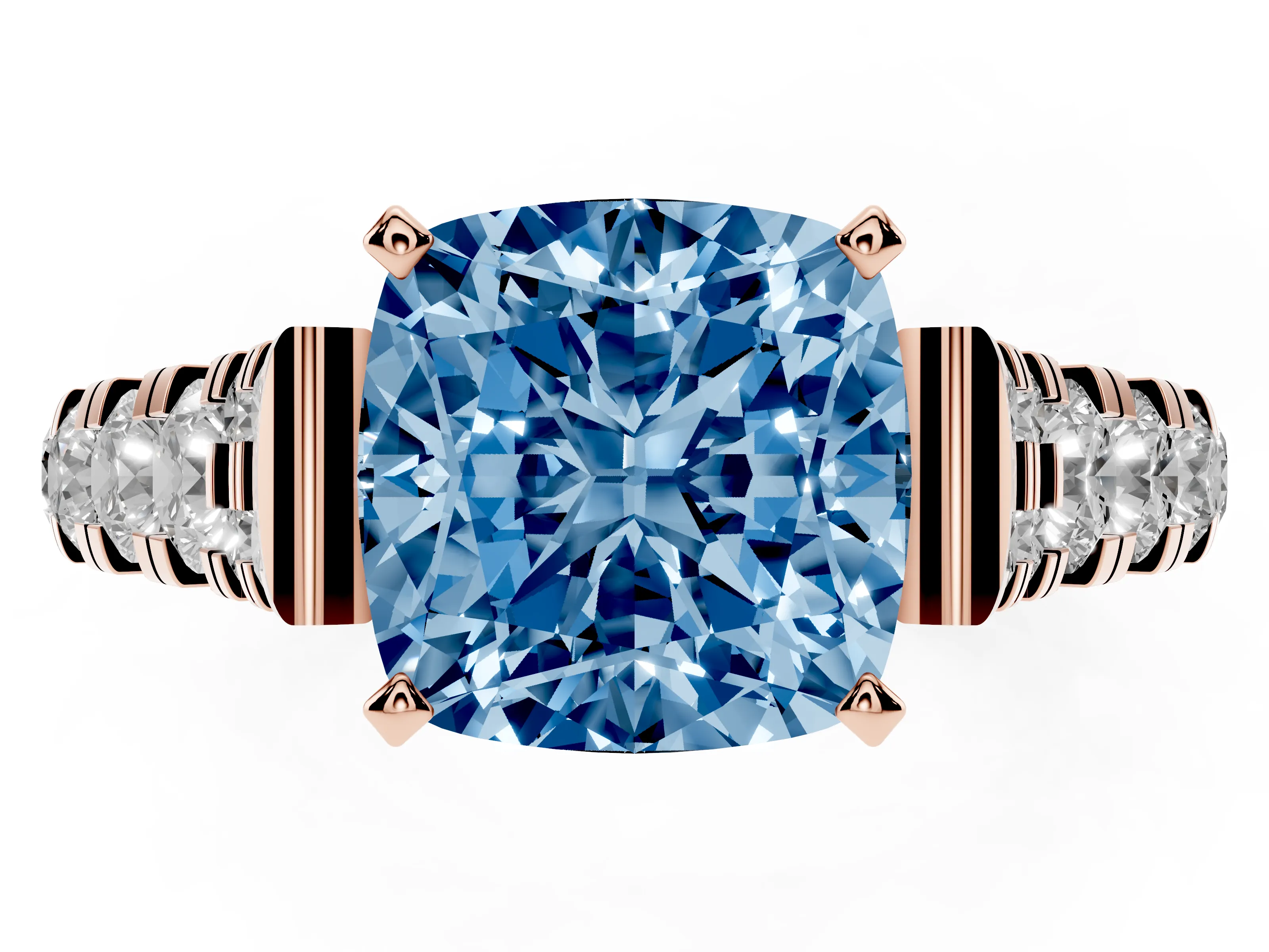 Fancy Blue Cushion Cut Diamond Classic Solitaire Ring Set in Rose gold with Pavé Band and Prong Setting