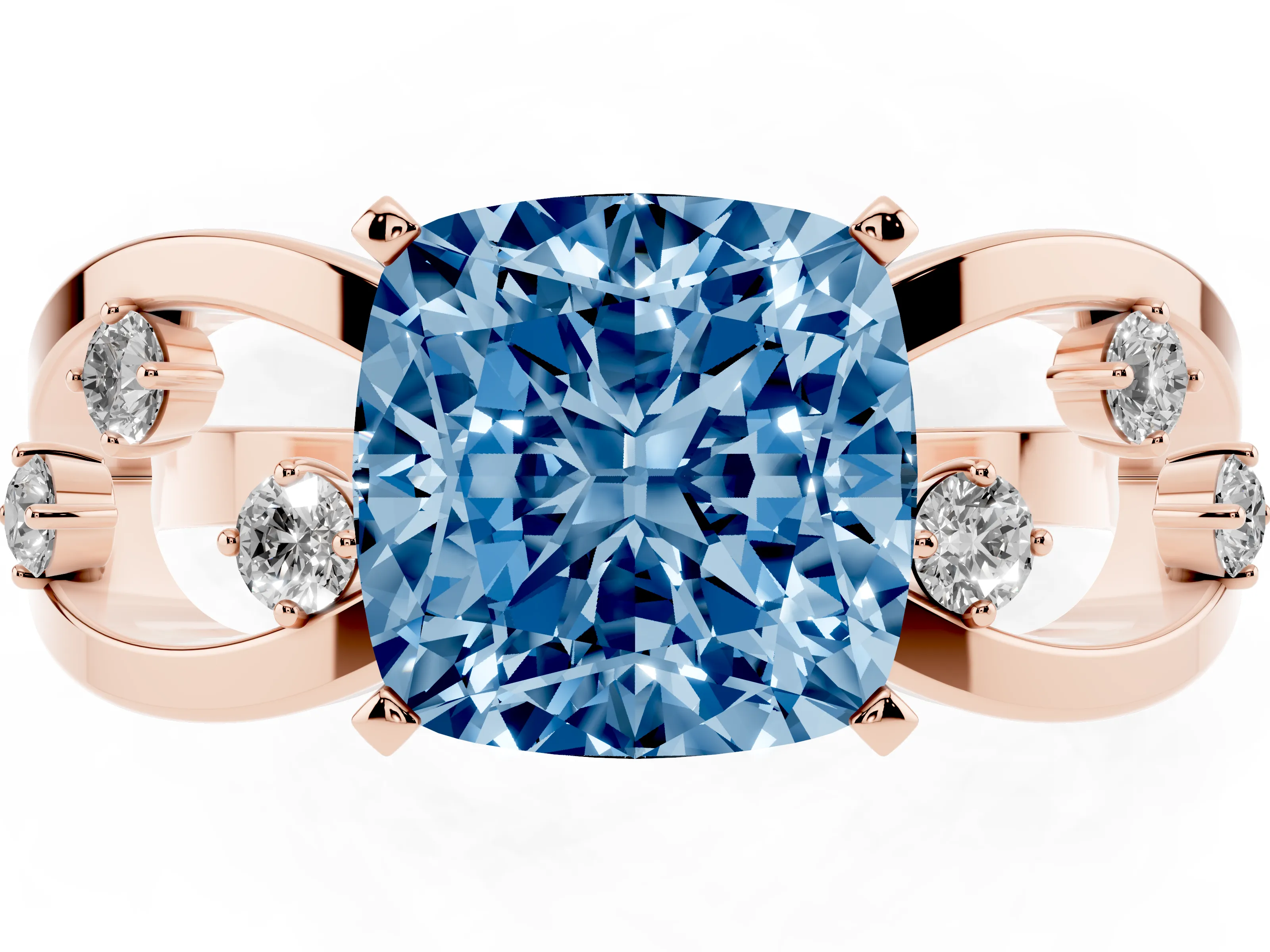 Fancy Blue Cushion Cut Diamond Solitaire Ring Set in Rose gold with Side Stones on Criss-Cross Band and Prong Setting