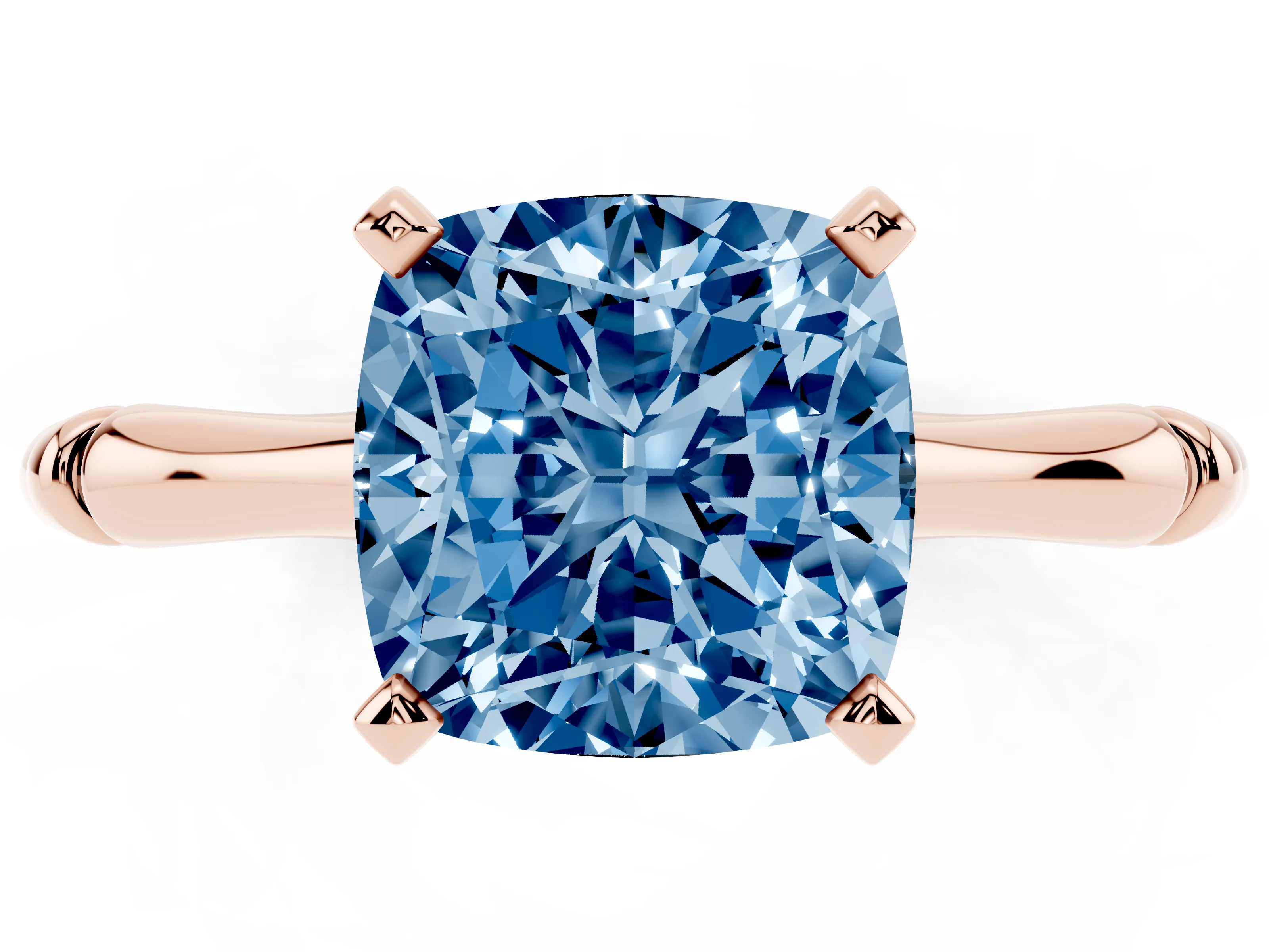 Fancy Blue Cushion Cut Diamond Solitaire Ring Set in Rose gold with Bamboo Band and Prong Setting