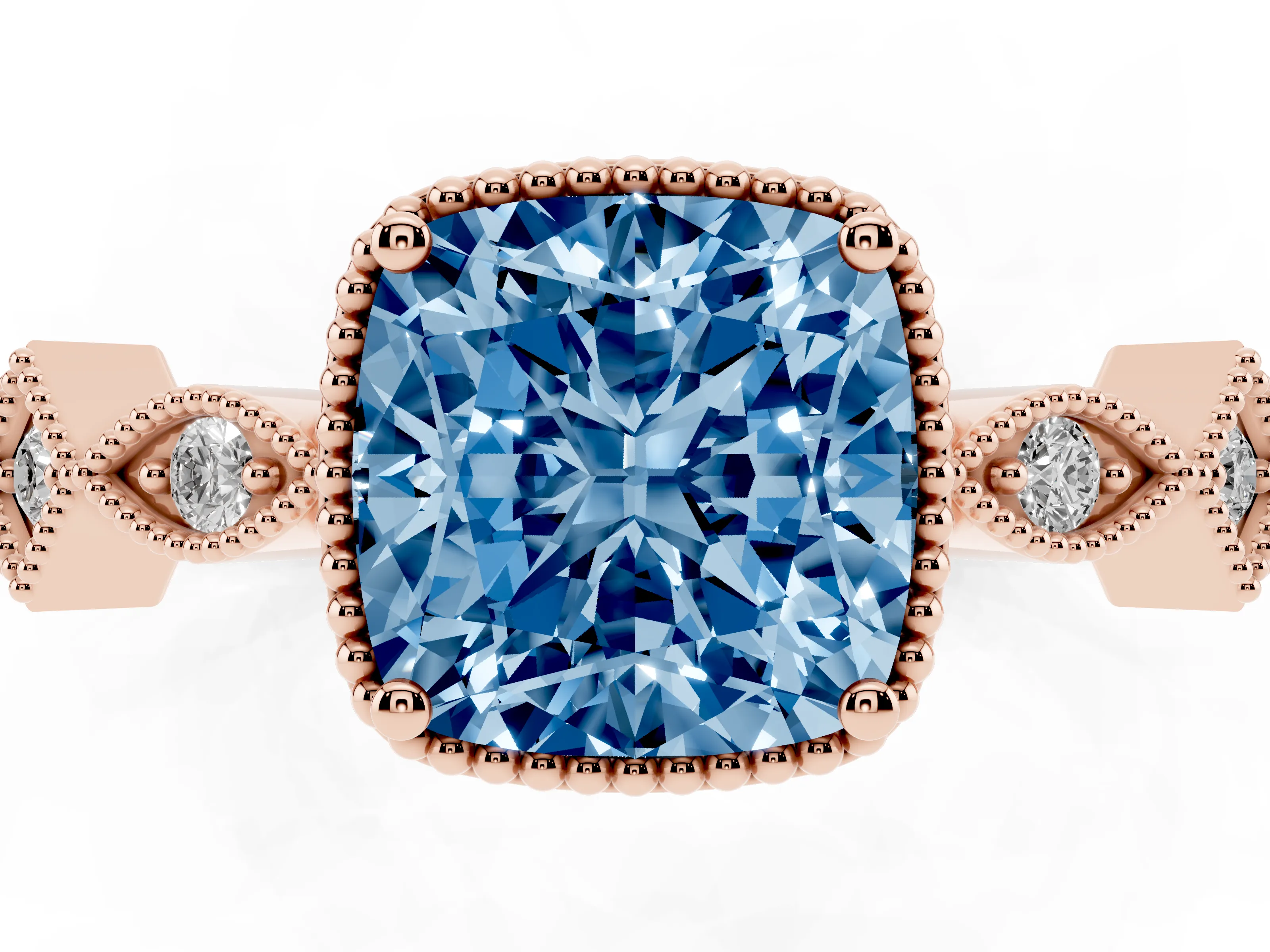 Fancy Blue Cushion Cut Diamond Milgrain Marquise Twist Band Ring Set in Rose gold with Prong Setting