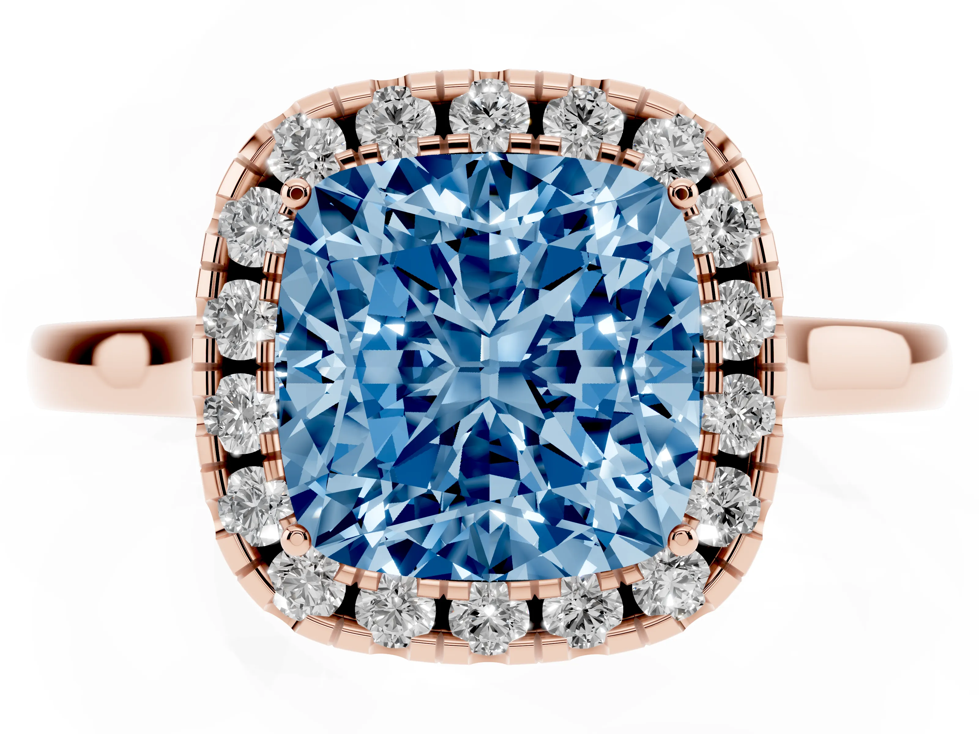 Fancy Blue Cushion Cut Halo Round Diamond Solitaire Ring Set in Rose gold with Pavé Band and Prong Setting